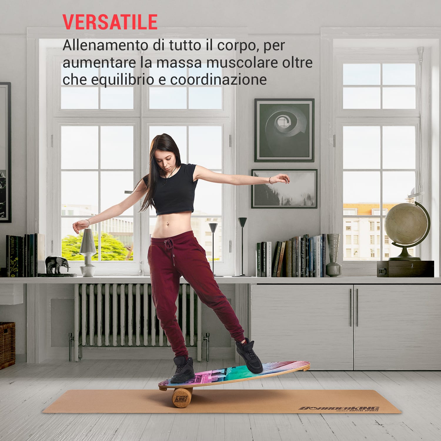 Indoorboard Allrounder, Balance Board + Tappetino + Rullo, Legno/Sughero Tropical