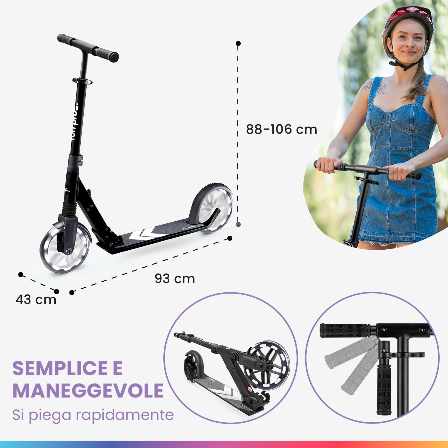 FIVE Deluxe monopattino, LED, a partire dai 10 anni, pieghevole, altezza regolabile, cinghia di trasporto, freno ad attrito 