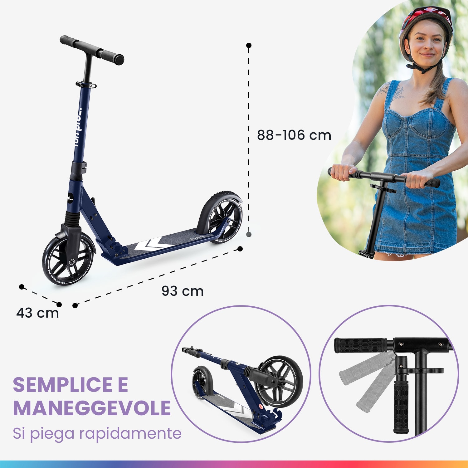 FIVE monopattino, a partire dai 10 anni, pieghevole, altezza regolabile, cinghia di trasporto, freno ad attrito 