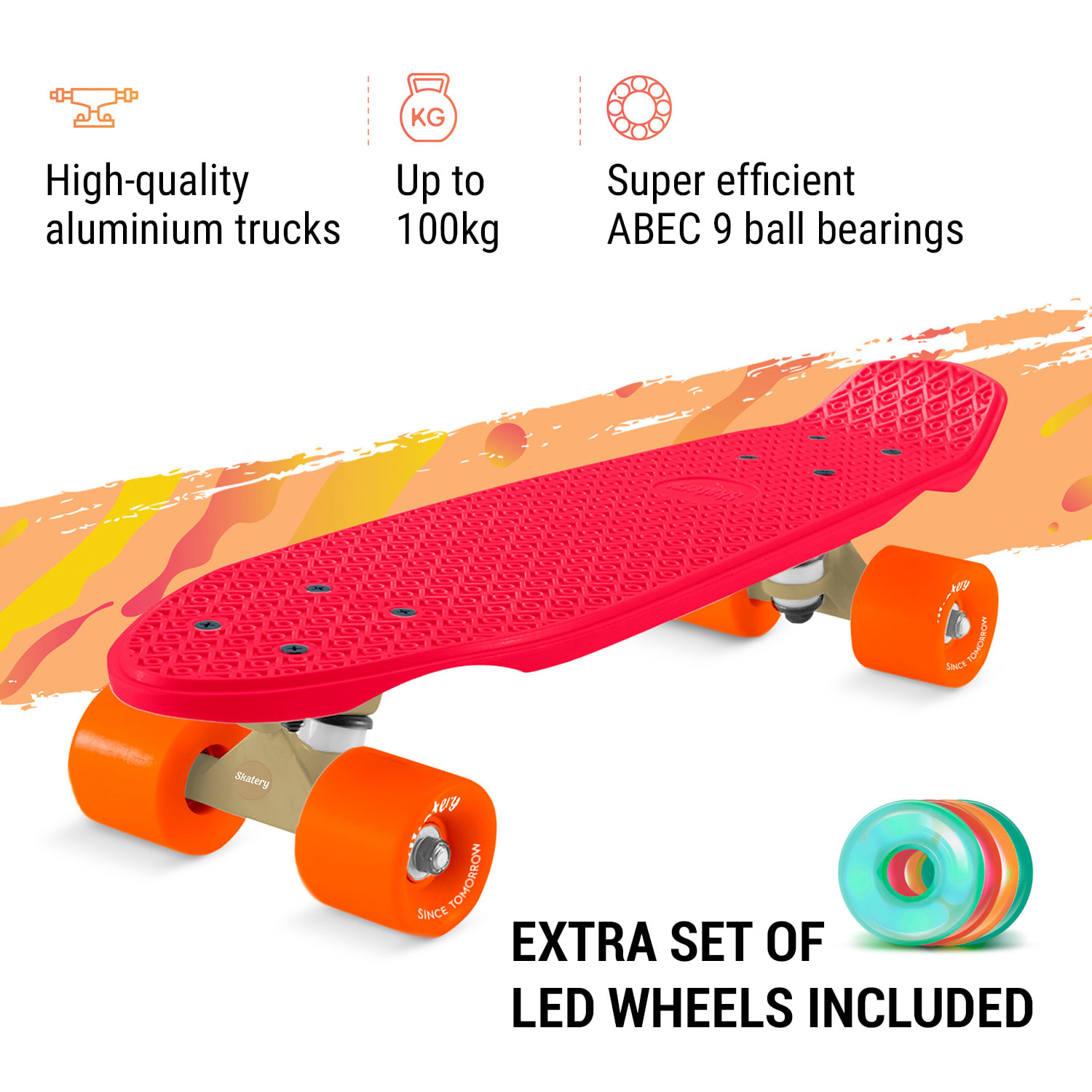 Mini Cruiser, skateboard, trickboard, PP board, 100 kg, LED kolečka, PU tvrdost 88A Červená | Oranžová