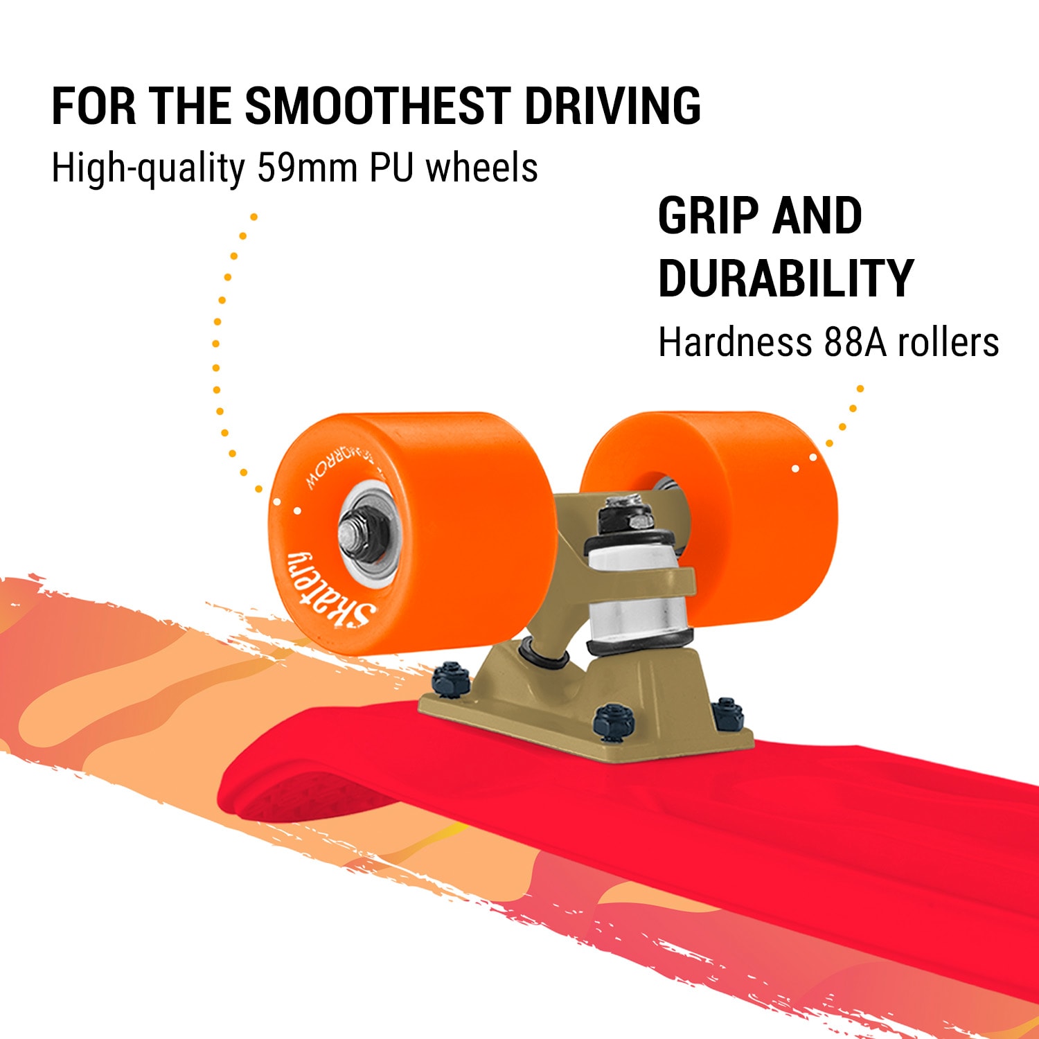 Mini Cruiser, skateboard, trickboard, PP board, 100 kg, LED kolečka, PU tvrdost 88A Červená | Oranžová