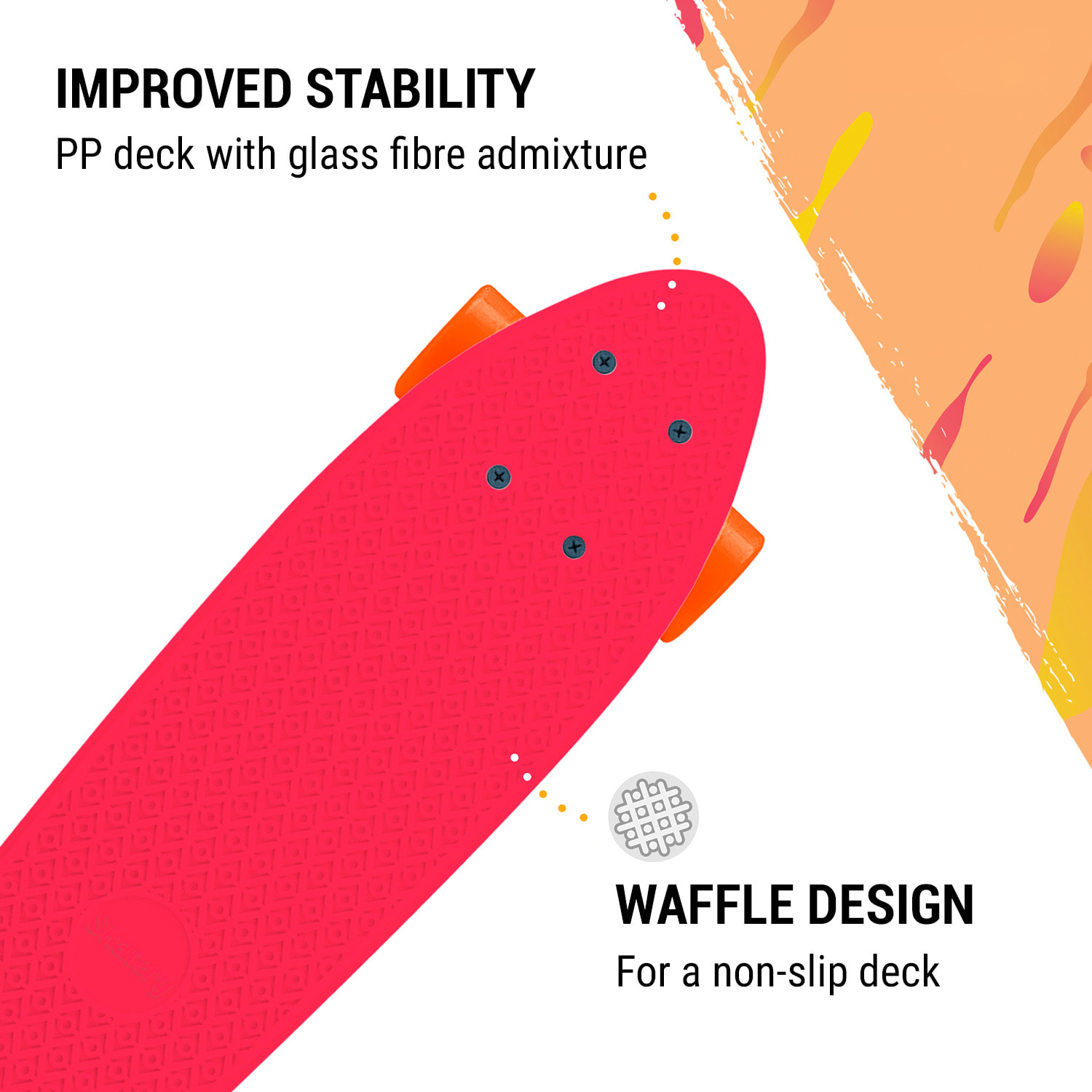 Mini Cruiser, skateboard, trickboard, PP board, 100 kg, LED kolečka, PU tvrdost 88A Červená | Oranžová