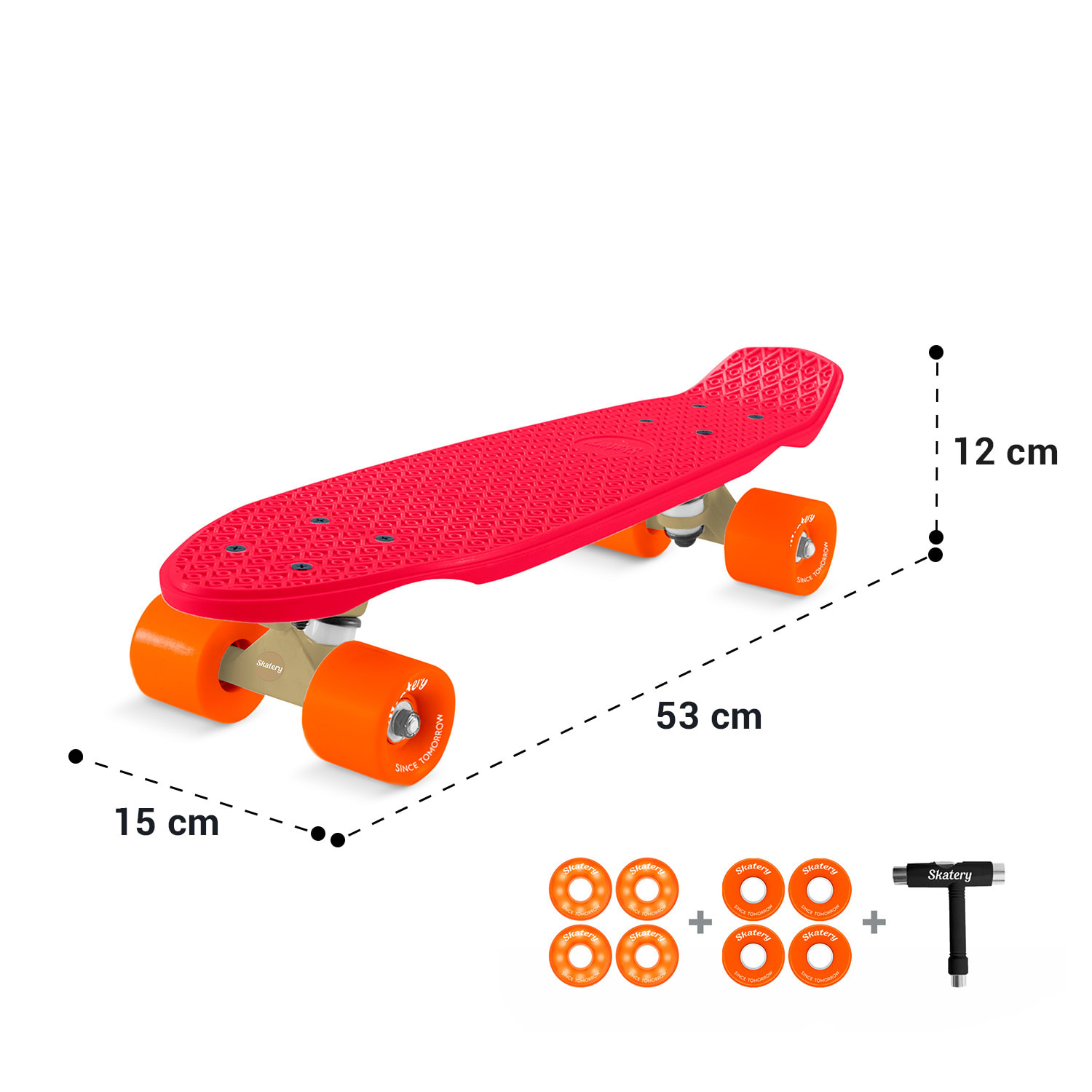 Mini Cruiser, skateboard, trickboard, PP board, 100 kg, LED kolečka, PU tvrdost 88A Červená | Oranžová