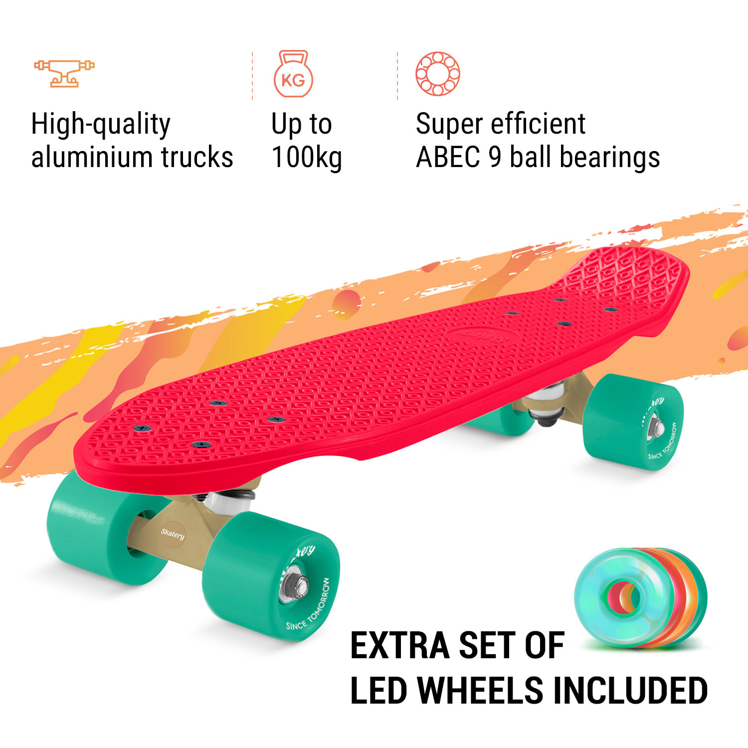 Mini Cruiser, gördeszka, trickboard, PP Board, 100kg-ig, LED kerekek, PU keménysége: 88A