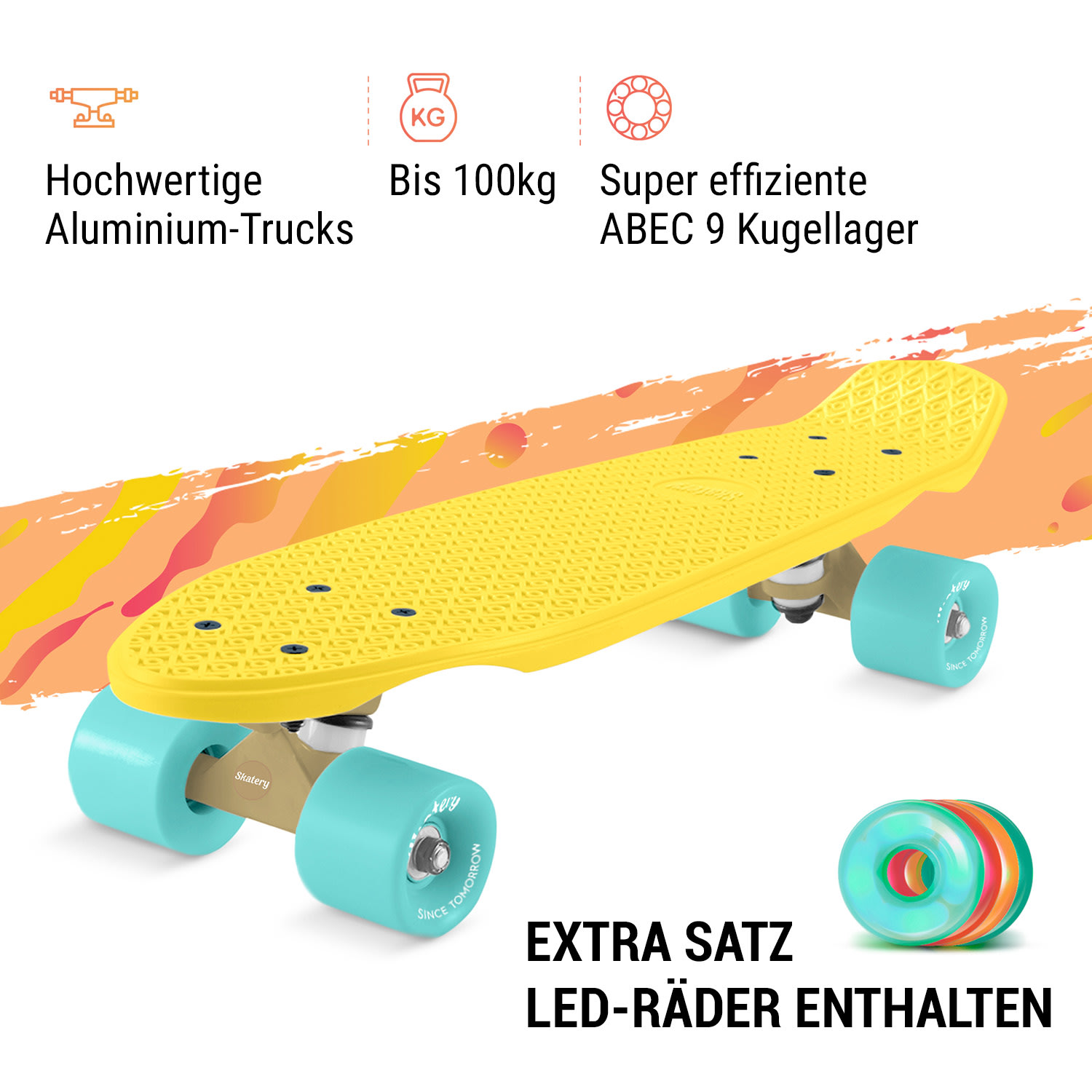 Mini Cruiser Skateboard Trickboard PP-Board 100kg LED-Rollen PU Härte: 88A 
