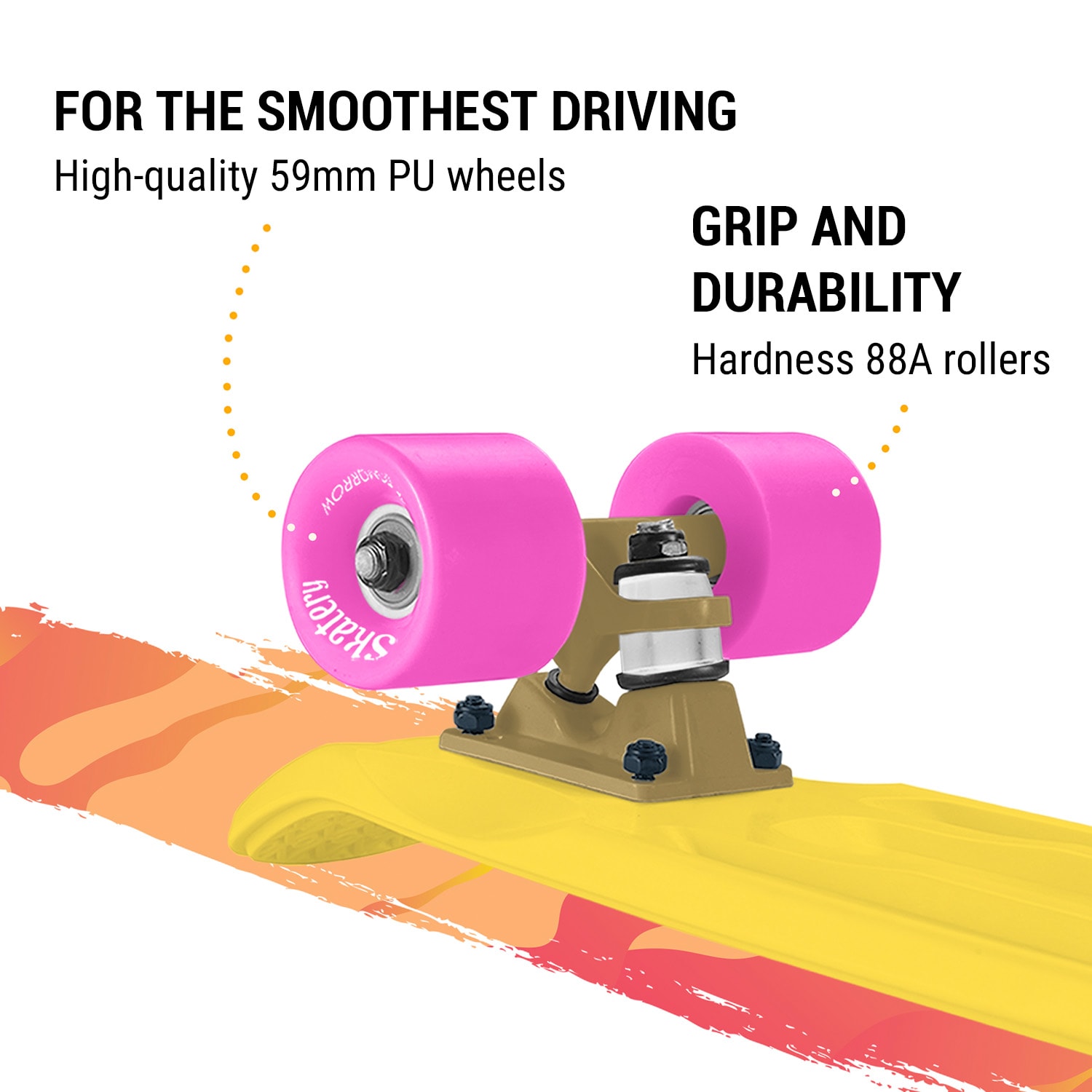 Mini Cruiser, skateboard, trickboard, PP board, 100 kg, LED kolečka, PU tvrdost 88A Žlutá | Fialová