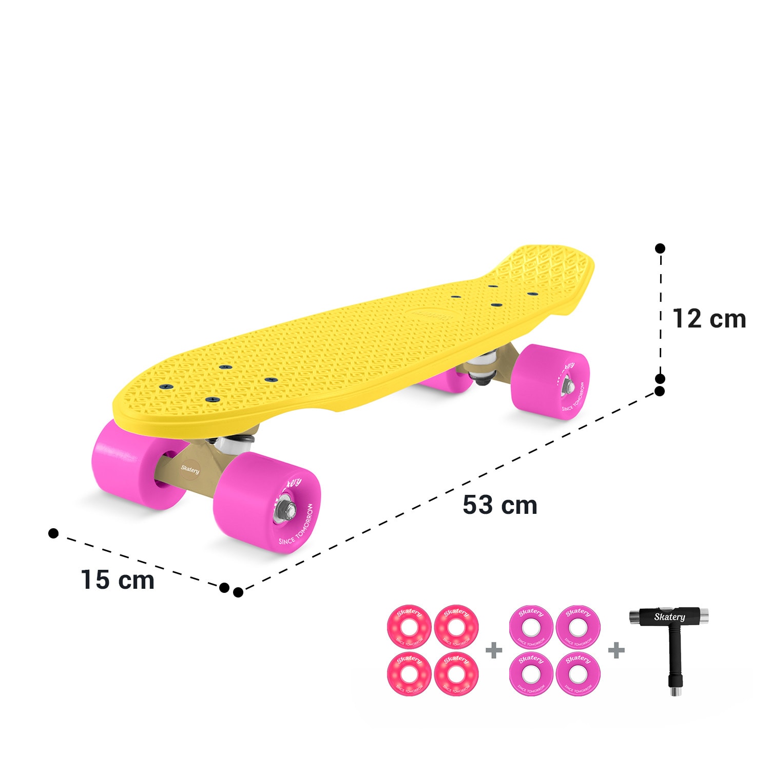 Mini Cruiser, skateboard, trickboard, PP board, 100 kg, LED kolečka, PU tvrdost 88A Žlutá | Fialová