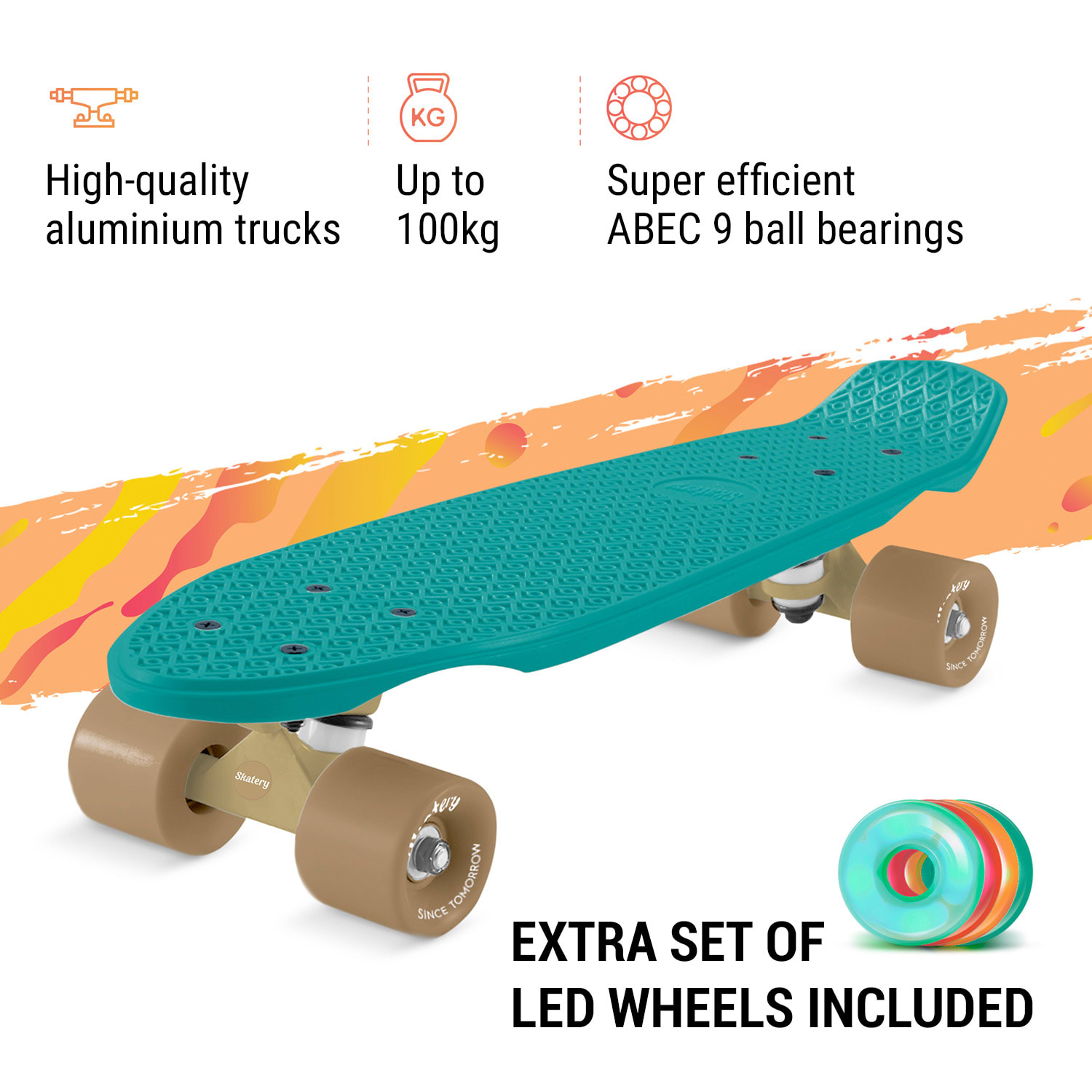 Mini Cruiser, gördeszka, trickboard, PP Board, 100kg-ig, LED kerekek, PU keménysége: 88A