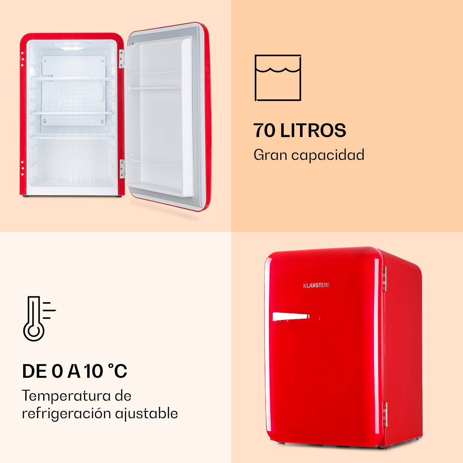 Mini nevera retro Audrey 70 Litros 3 baldas 2 compartimentos en la puerta iluminación interior 70 L | Rojo