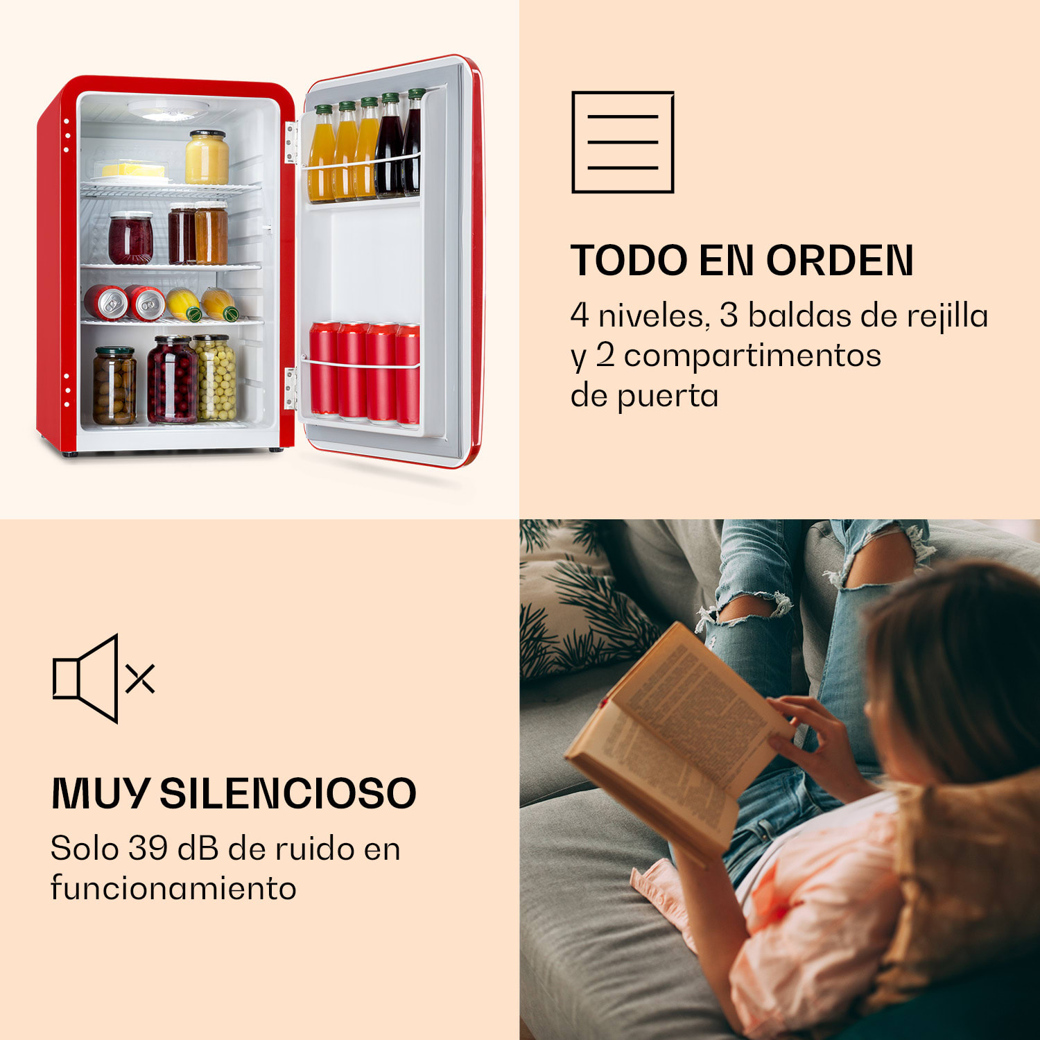 Mini nevera retro Audrey 70 Litros 3 baldas 2 compartimentos en la puerta iluminación interior 70 L | Rojo