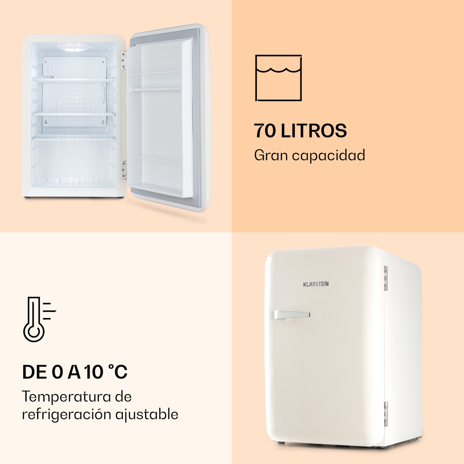 Mini nevera retro Audrey 70 Litros 3 baldas 2 compartimentos en la puerta iluminación interior 70 L | Crema Vintage