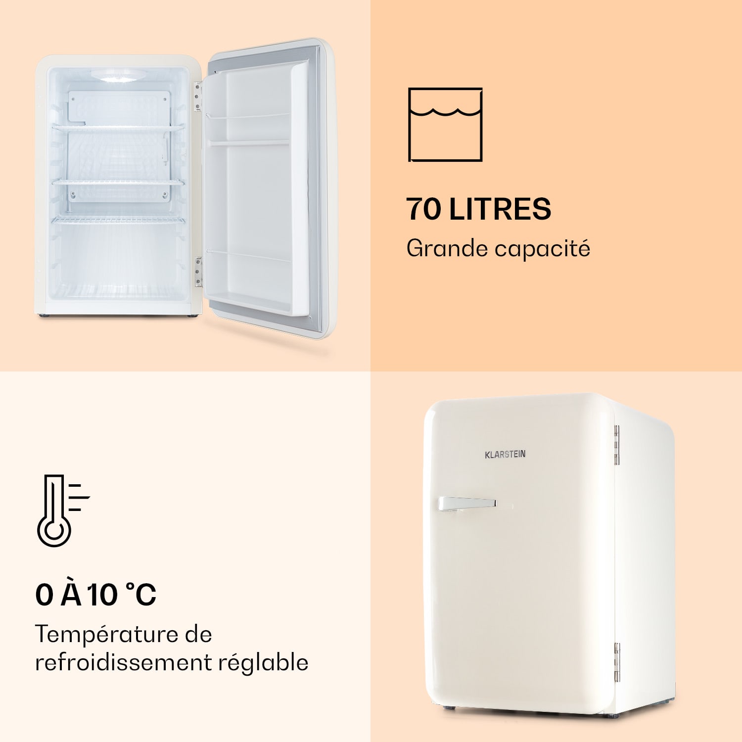 Réfrigérateur rétro Audrey 70 litres 3 étagères 2 compartiments de porte Éclairage intérieur 70 L | Crème Vintage
