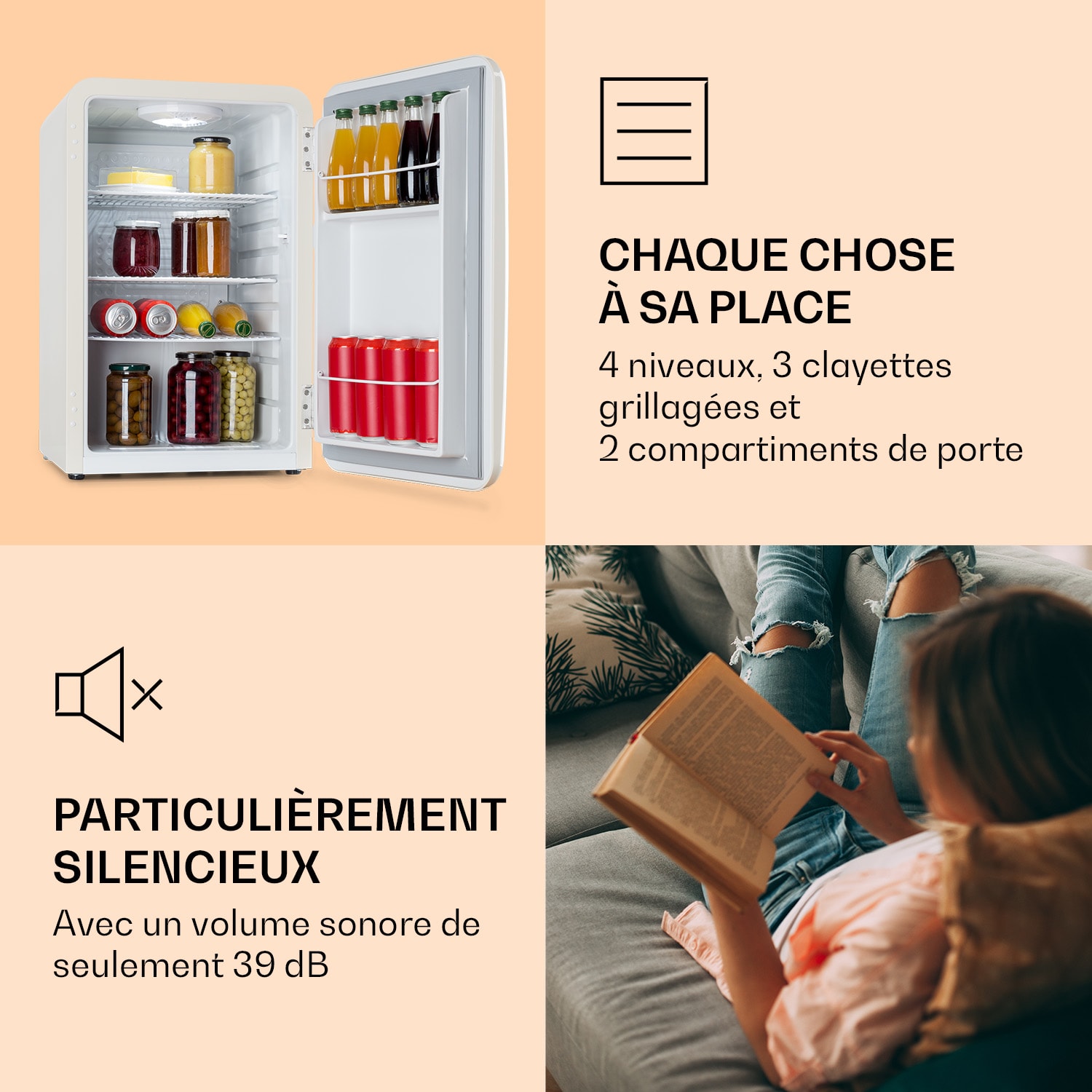 Réfrigérateur rétro Audrey 70 litres 3 étagères 2 compartiments de porte Éclairage intérieur 70 L | Crème Vintage