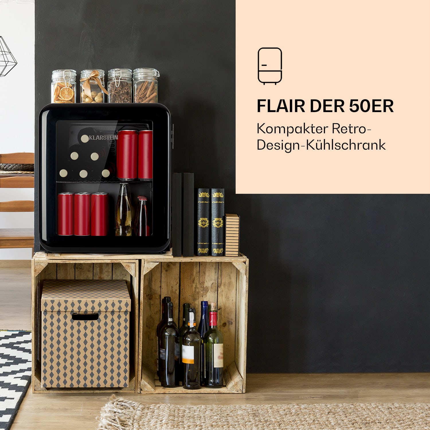 PopLife Getränkekühler Kühlschrank 0-10°C Retro-Design 48 Ltr | Schwarz