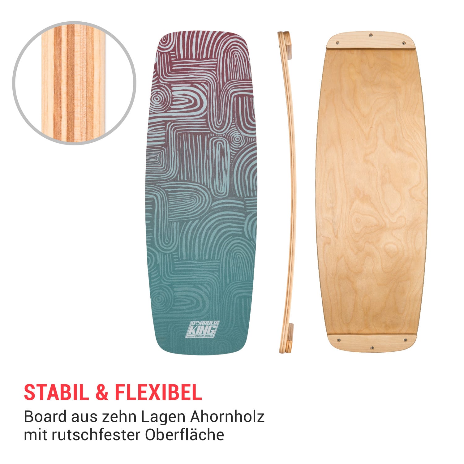 Indoorboard Curved Balance Board + Matte + Rolle Holz / Kork 