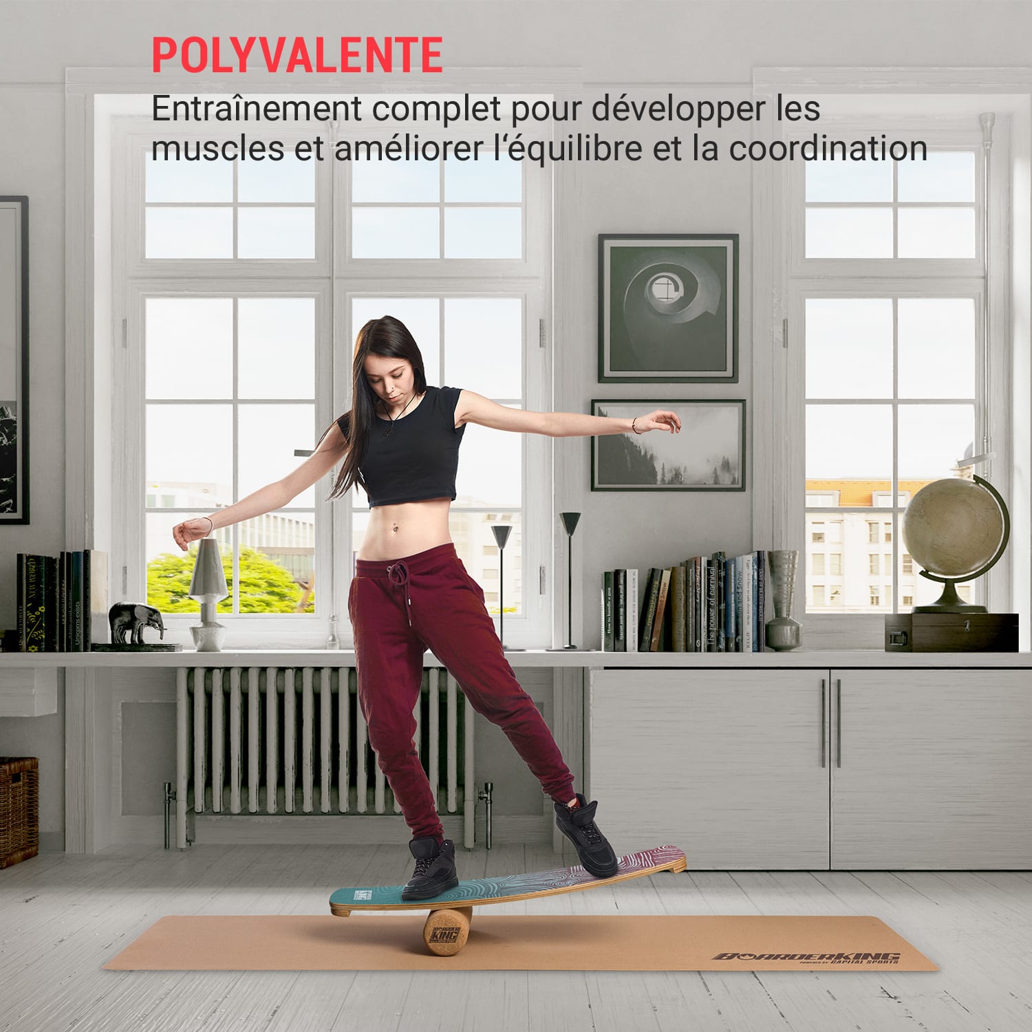 Indoorboard Curved Planche d'équilibre + tapis + rouleau de bois / liège 