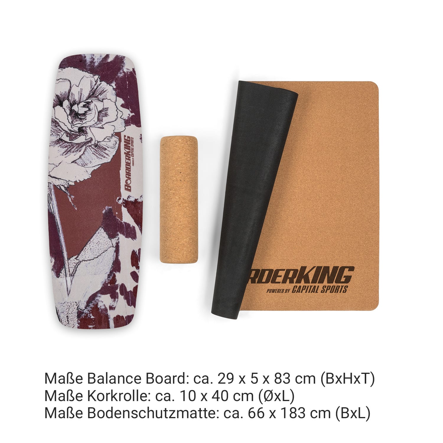 Indoorboard Curved Balance Board + Matte + Rolle Holz / Kork Floral