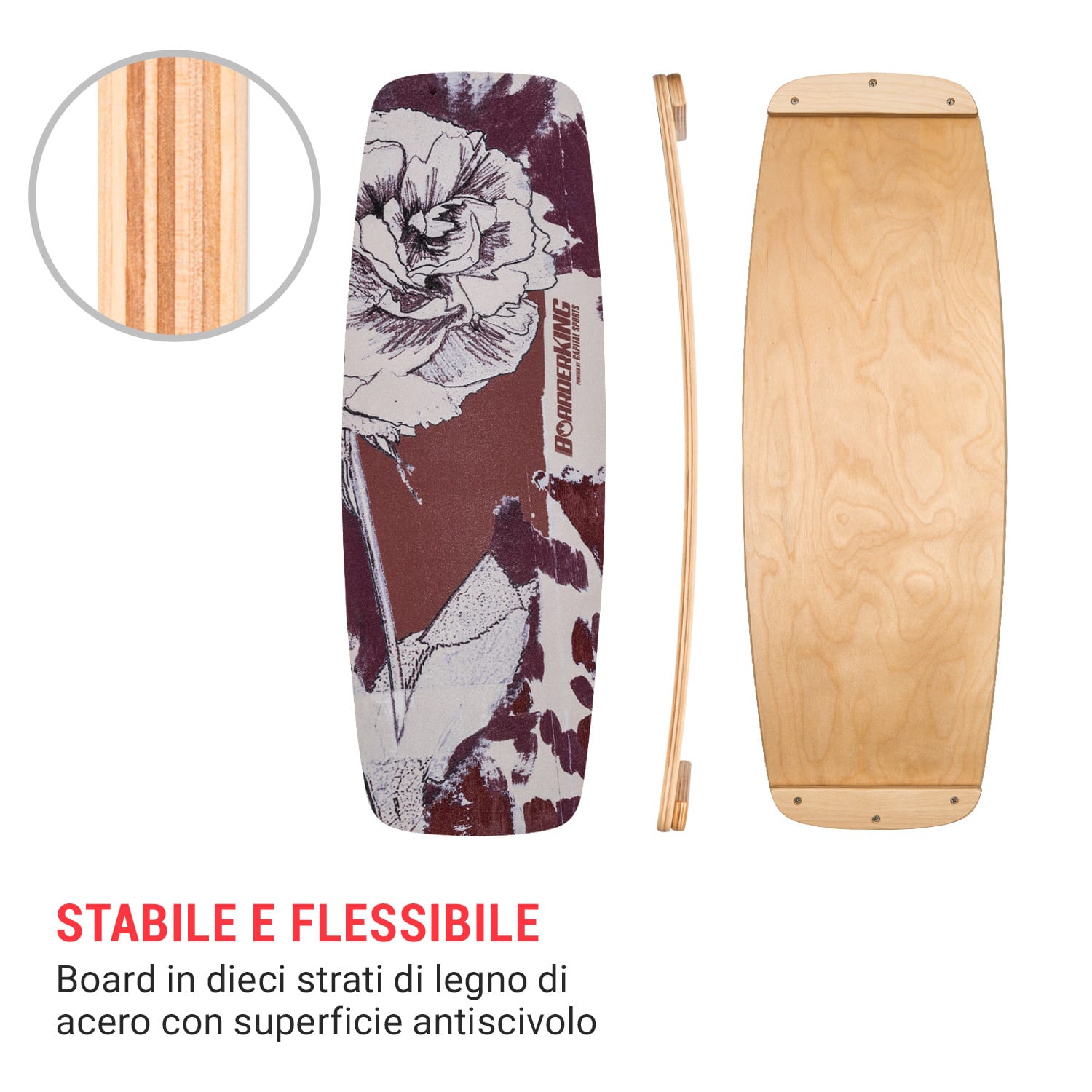 Indoorboard Curved, Balance board + tappetino + rullo, legno/sughero Floral