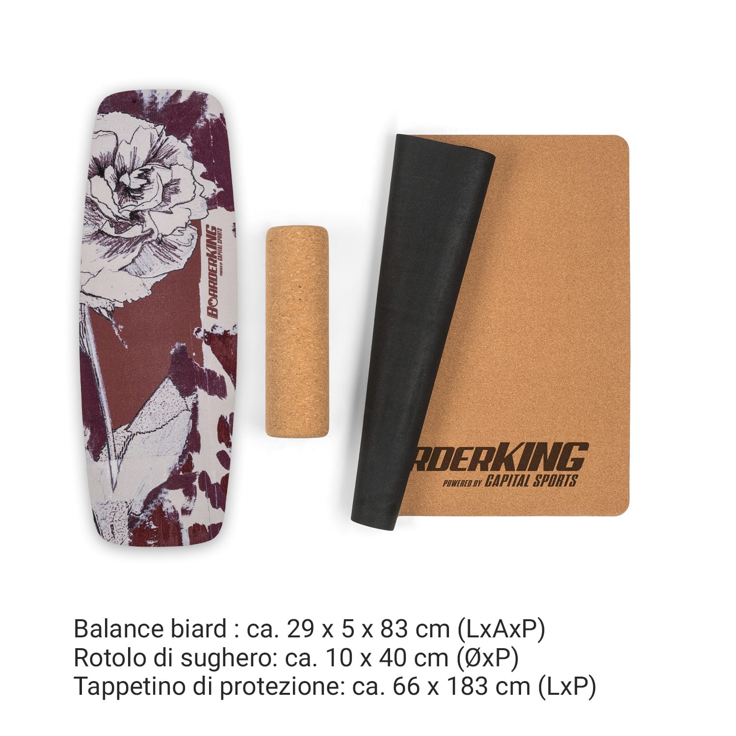 Indoorboard Curved, Balance board + tappetino + rullo, legno/sughero Floral