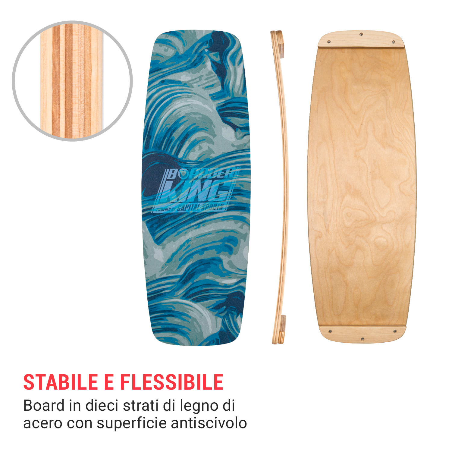 Indoorboard Curved, Balance board + tappetino + rullo, legno/sughero 