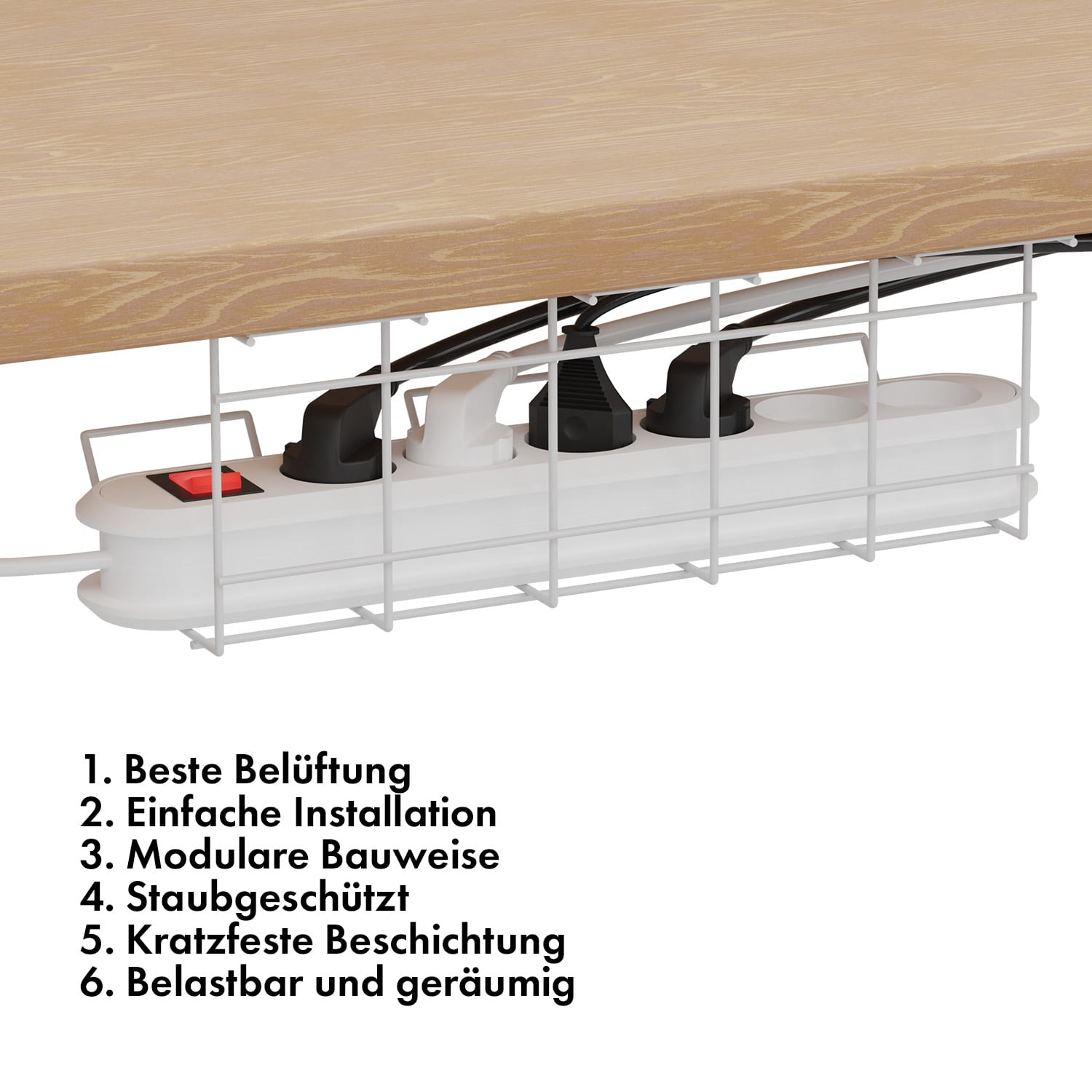 Darwin Drahtkorb für Steckdosenleisten für Schreibtische ohne Klammern | Weiß