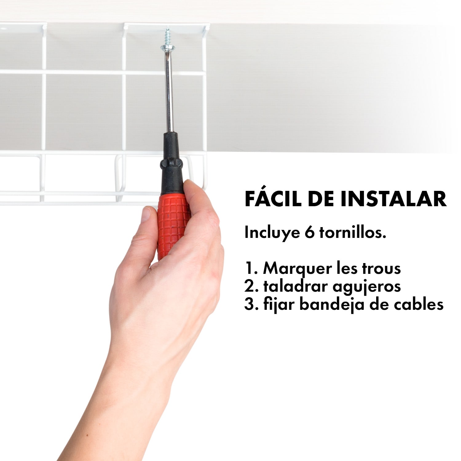 Cesta de cables Darwin para regletas de enchufe en escritorios sin abrazaderas | Blanco