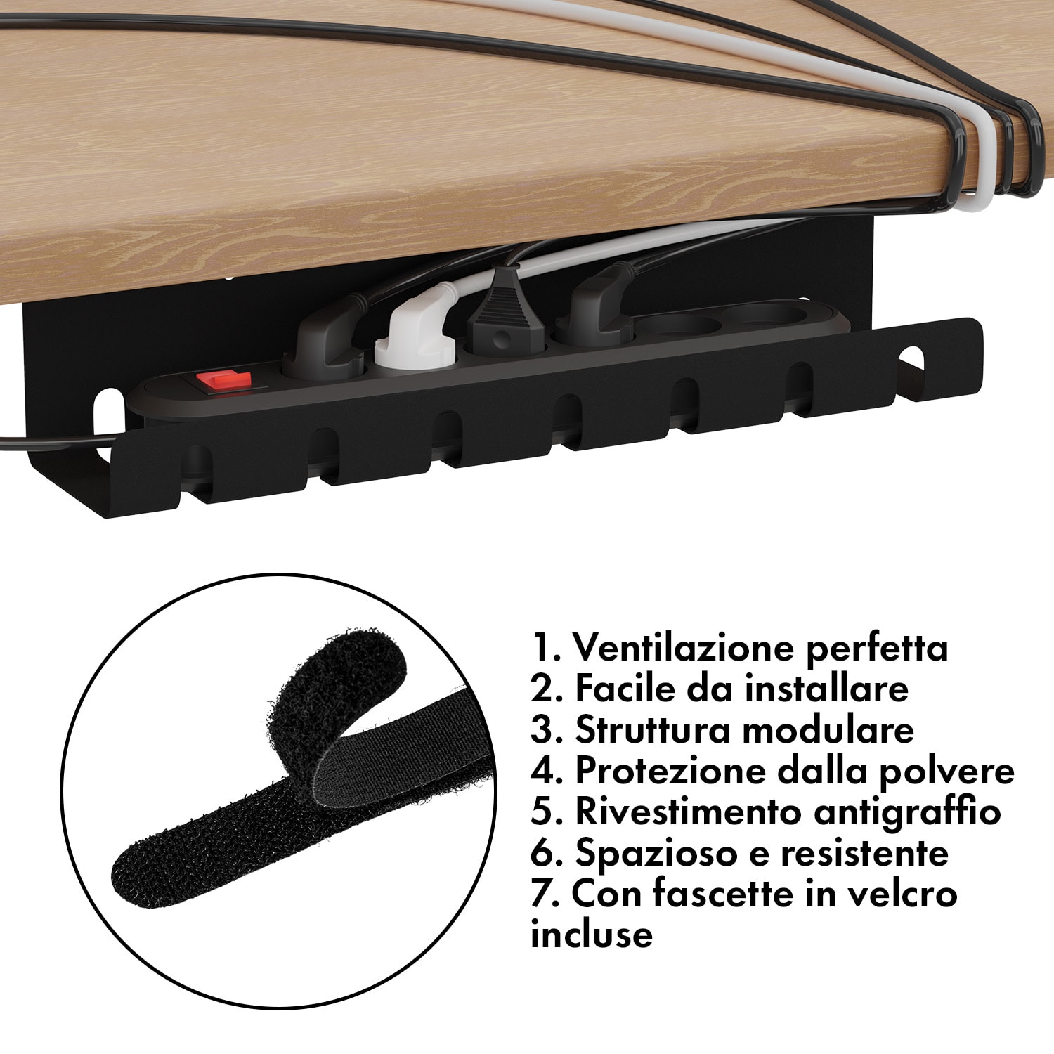 Tacora - Passacavi per ciabatte multipresa, da scrivania  Nero