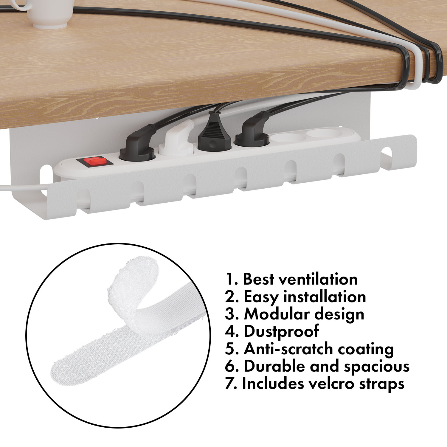 Tacora Bandeja de cables para regletas de enchufe para escritorios  Blanco