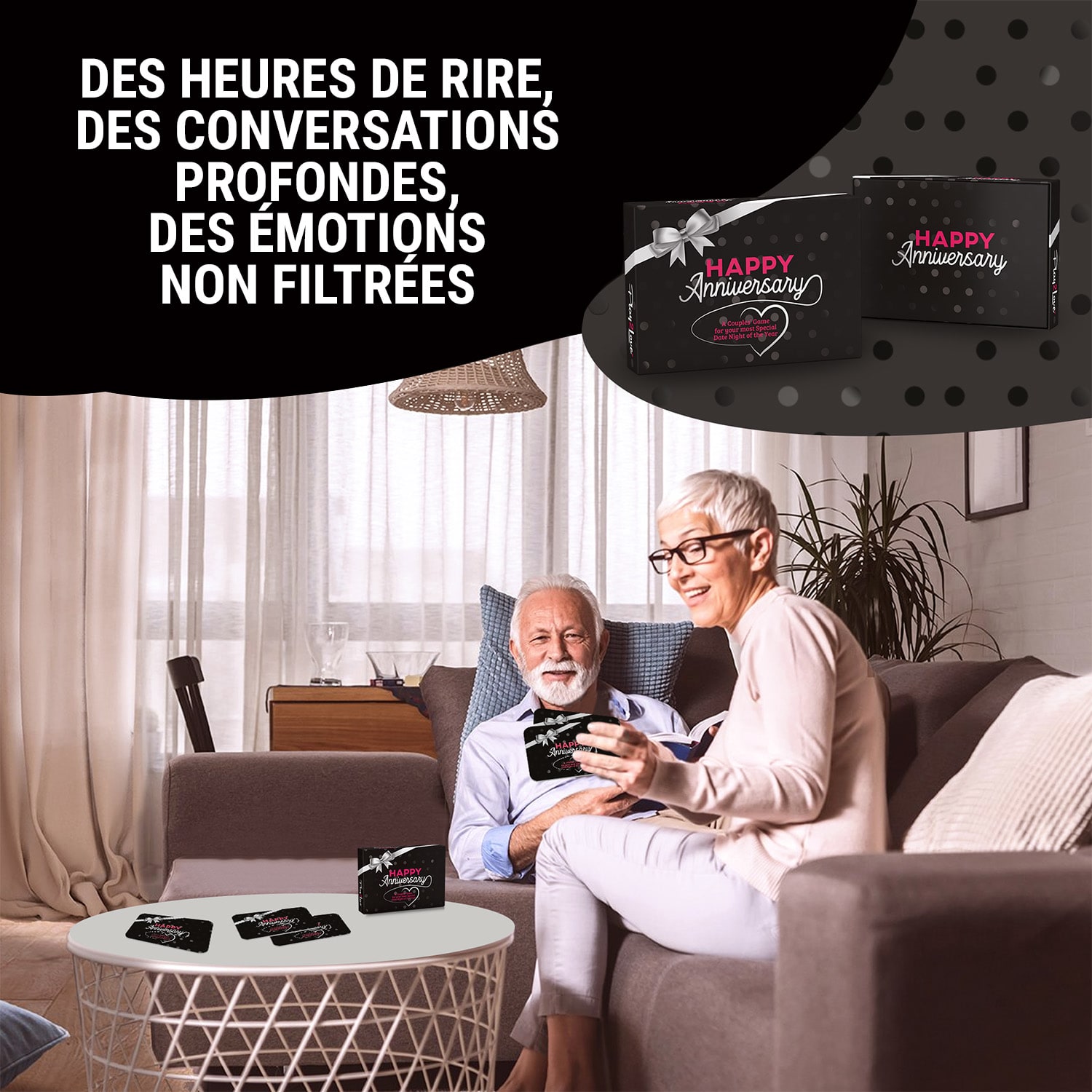 Jeu de cartes Happy Anniversary Black Edition pour les couples 110 questions boîte cadeau 