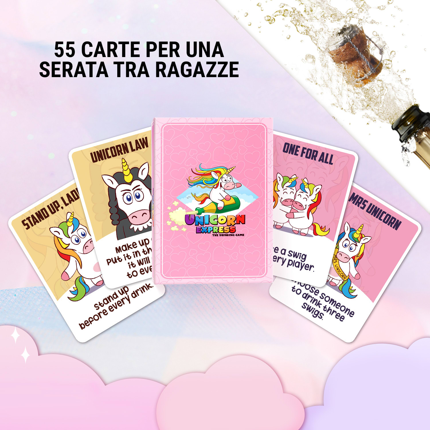 Unicorn Express - Gioco per feste, per serate tra ragazze, 55 carte 