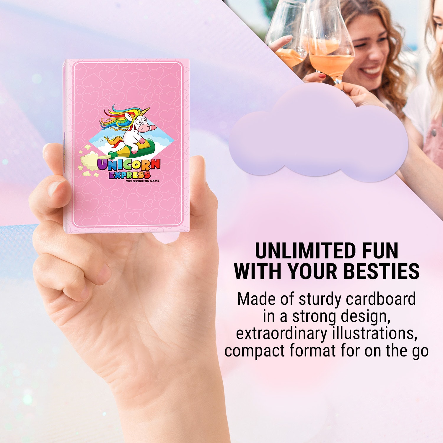 Jogo de festa Unicorn Express para noites de meninas 55 cartas 
