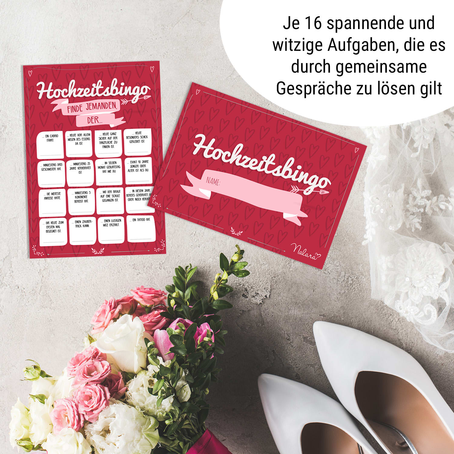 Hochzeitsbingo 16 Eigenschaftsfragen 50 St. DIN A5  Herzchen-Design 