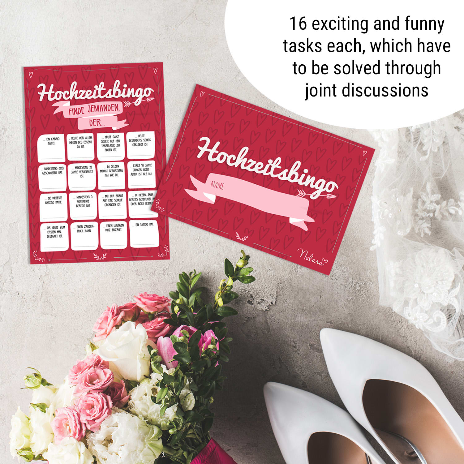 Esküvői bingó 16 kérdés a tulajdonságokról 50 db.  Szív kialakításDIN A5 