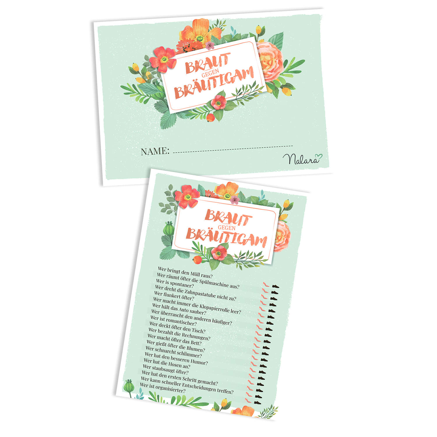Braut gegen Bräutigam Hochzeitsspiel Fragen übers Brautpaar 50 Stck. DIN A5 