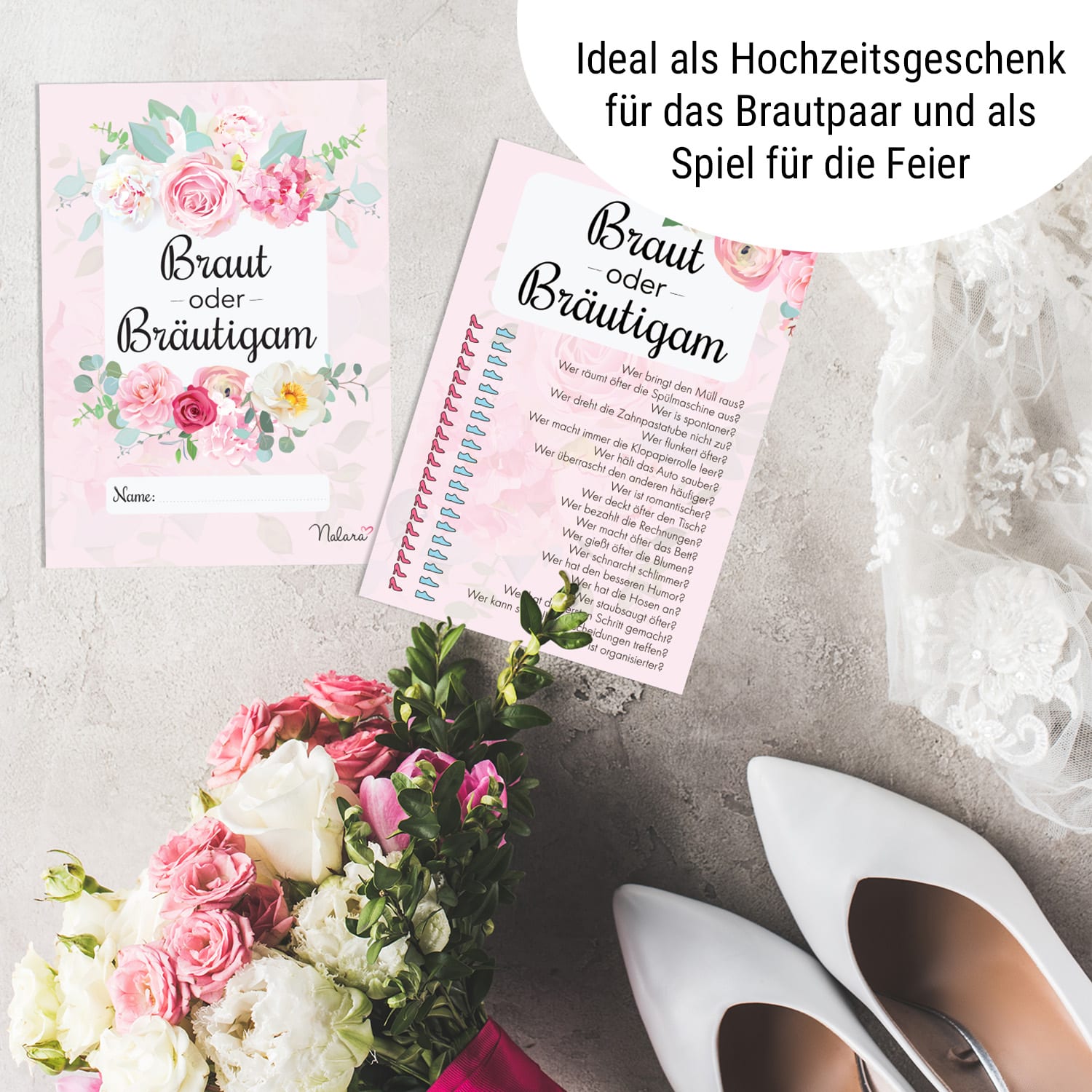 Braut oder Bräutigam Hochzeitsspiel Fragen übers Brautpaar 50 Stck. DIN A5 