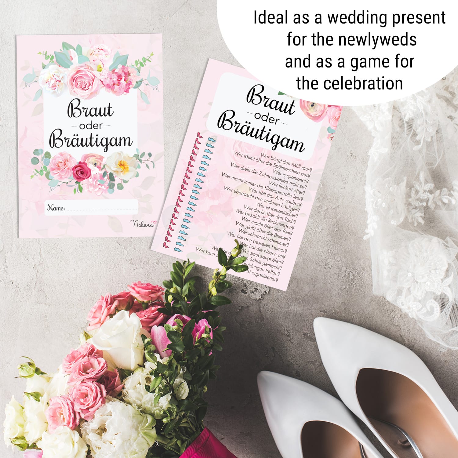 Svadobná hra Nevesta vs. Ženích Otázky o neveste a ženíchovi 50ks. DIN A5 