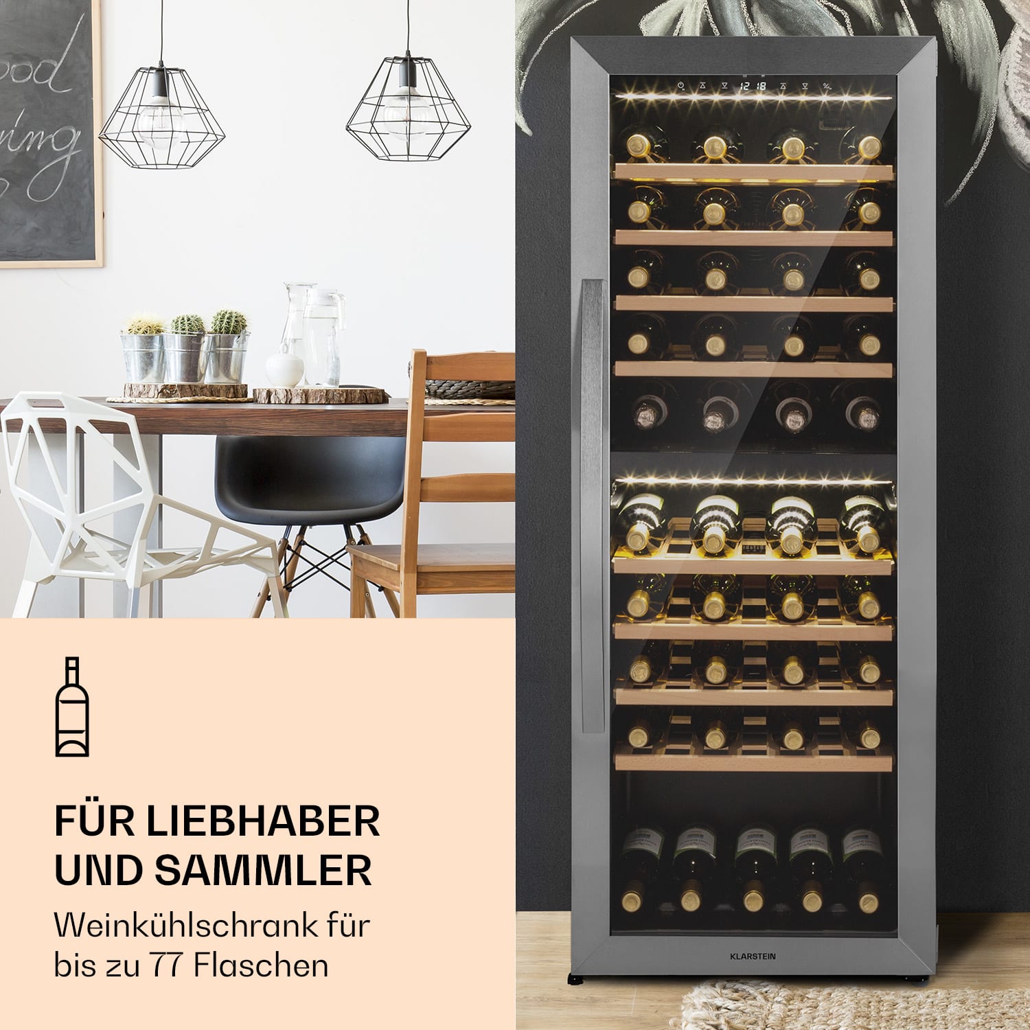 Klarstein Vinamour 77 Duo Weinkühlschrank 191 Liter 5 - 20 °C 2 Kühlzonen  77 Flaschen | 2 Kühlzonen | Edelstahl