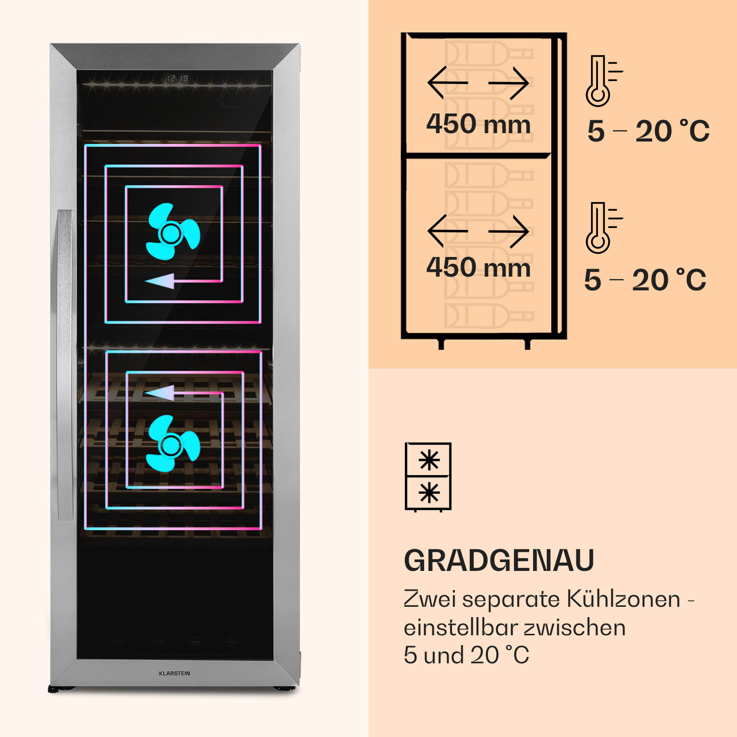Klarstein Vinamour 77 Duo Weinkühlschrank 191 Liter 5 - 20 °C 2 Kühlzonen  77 Flaschen | 2 Kühlzonen | Edelstahl