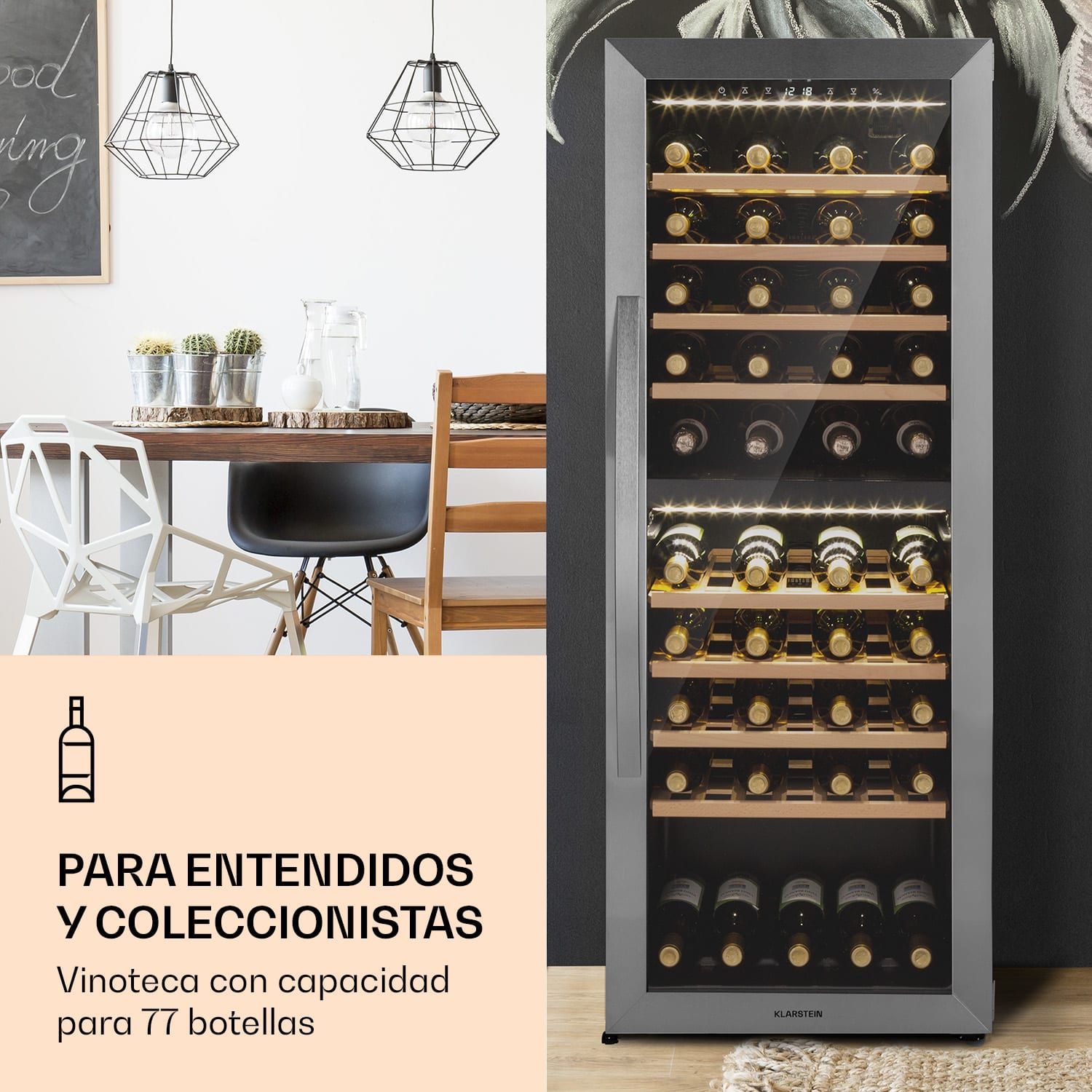 Klarstein Vinamour 77 Duo nevera para vinos 191 litros 5 - 20 °C 2 zonas de refrigeración  77 botellas | 2 zonas de refrigeración | Acero Inoxidable