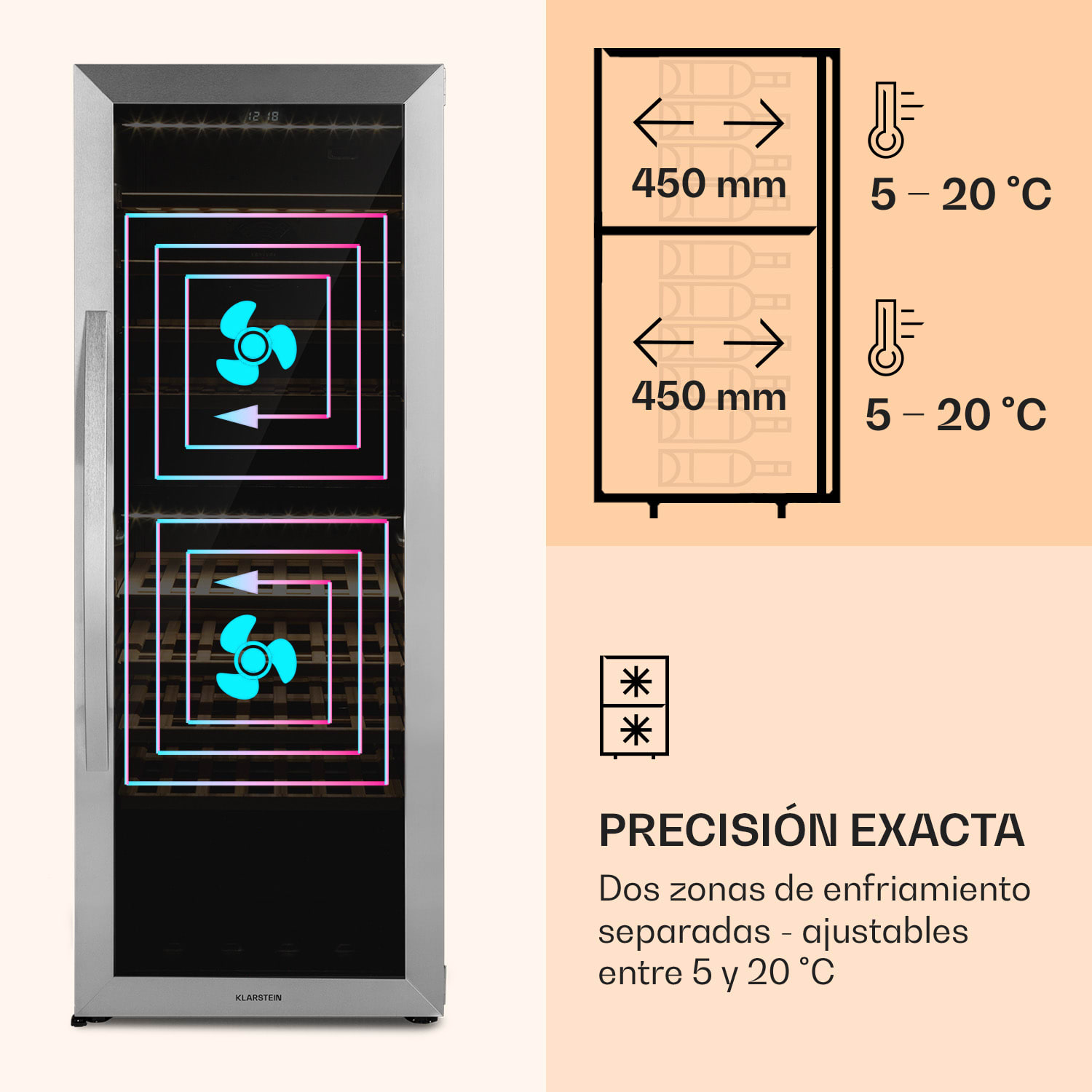 Klarstein Vinamour 77 Duo nevera para vinos 191 litros 5 - 20 °C 2 zonas de refrigeración  77 botellas | 2 zonas de refrigeración | Acero Inoxidable