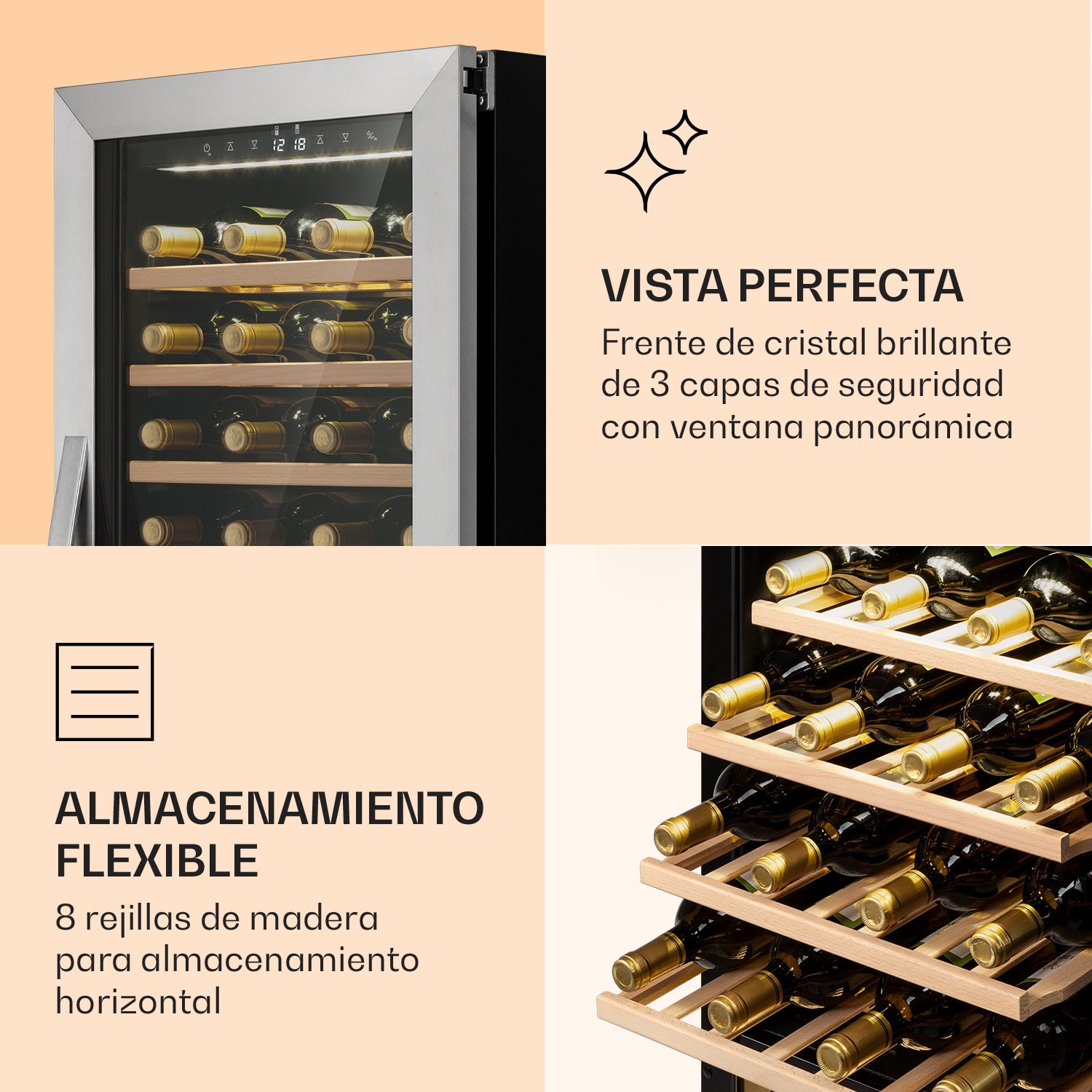 Klarstein Vinamour 77 Duo nevera para vinos 191 litros 5 - 20 °C 2 zonas de refrigeración  77 botellas | 2 zonas de refrigeración | Acero Inoxidable
