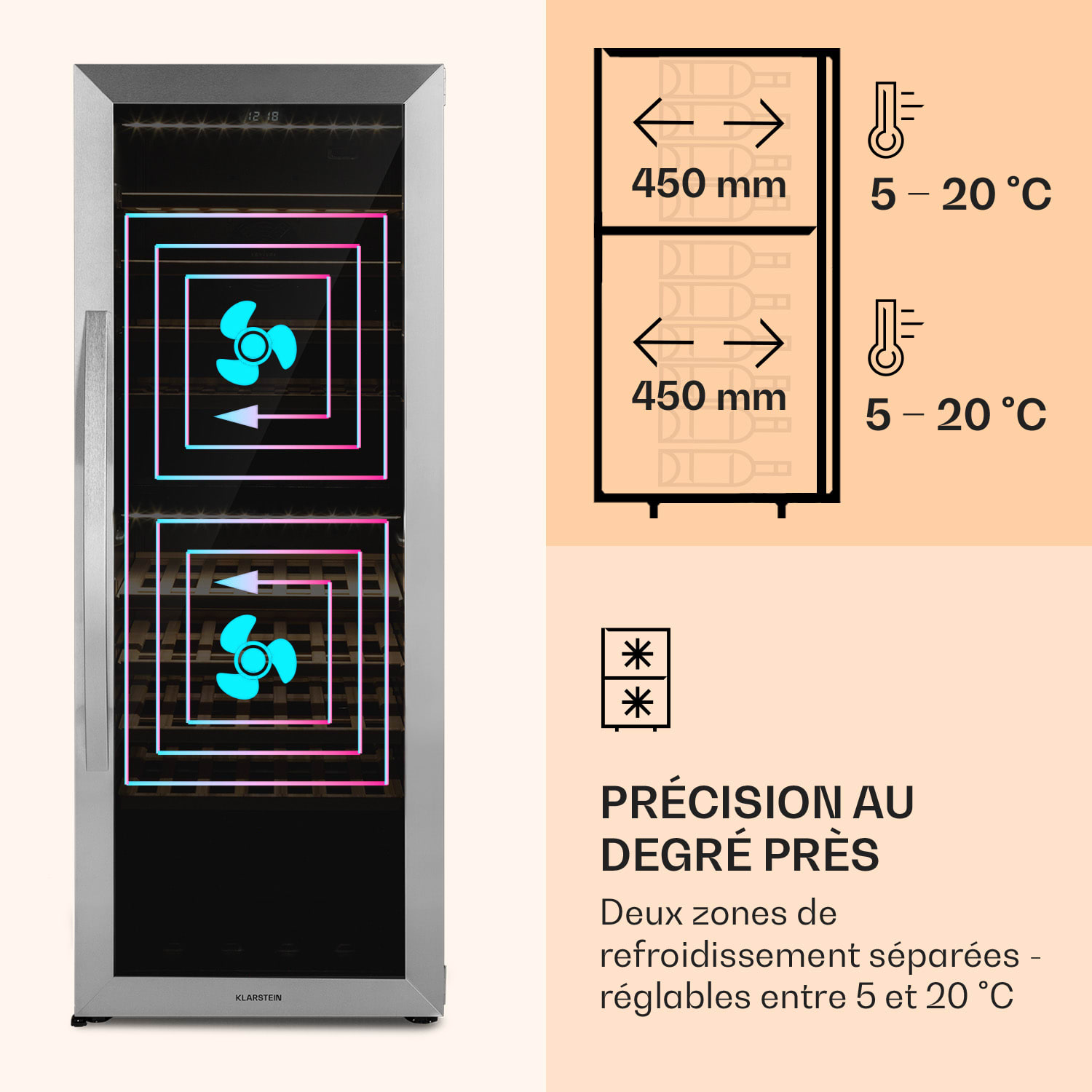 Klarstein Vinamour 77 Duo Cave à vin 191 litres 5 - 20 °C 2 zones de réfrigération  77 bouteilles | 2 zones de conservation | Acier Inoxydable