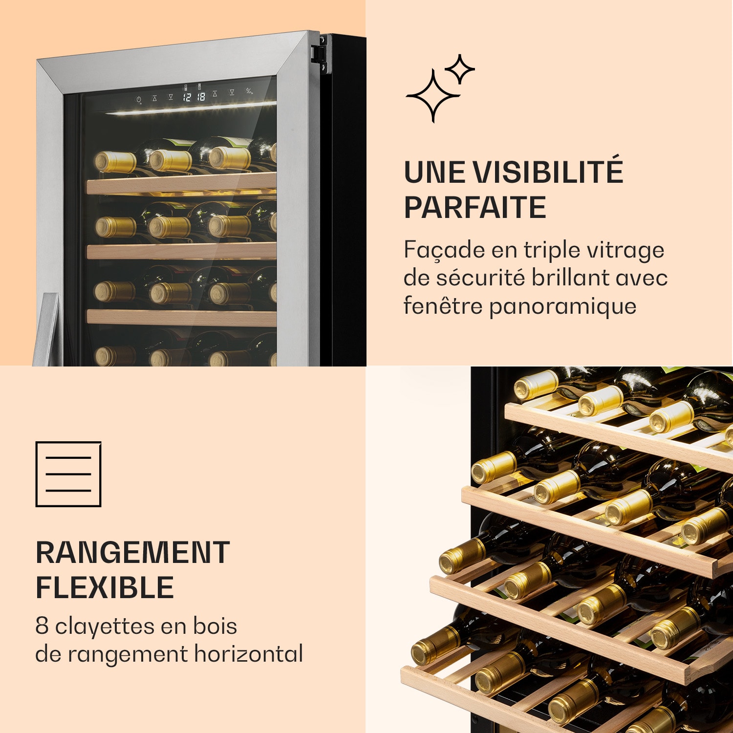 Klarstein Vinamour 77 Duo Cave à vin 191 litres 5 - 20 °C 2 zones de réfrigération  77 bouteilles | 2 zones de conservation | Acier Inoxydable