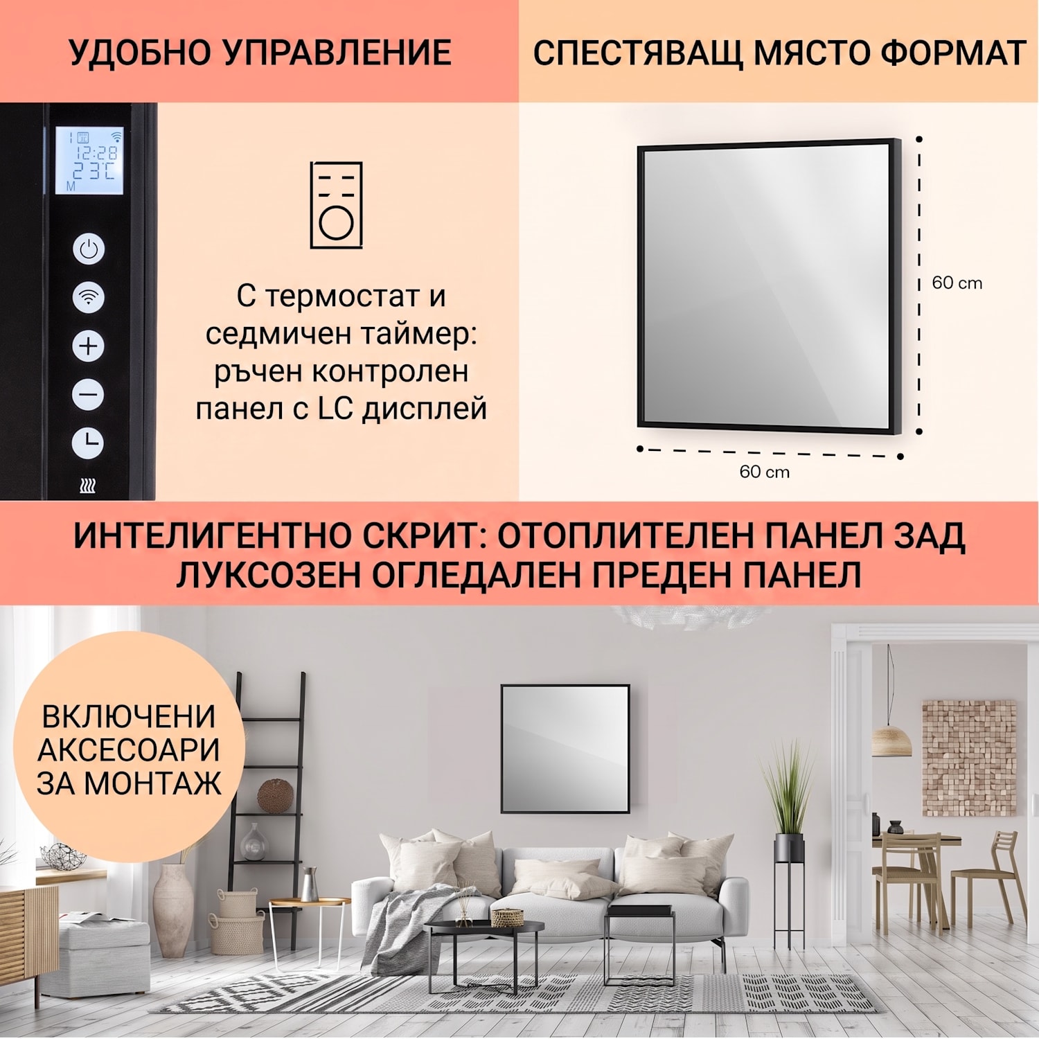 La Palma 500 smart, отоплител, 2 in 1, Инфрачервен, 60x60cm, 500W, Огледална предна част 60 x 60 cm | 500 W | Черно