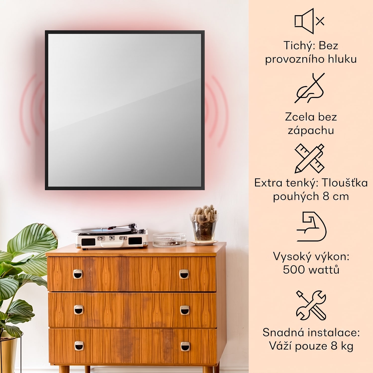 La Palma 500, infračervený ohřívač 2 v 1, smart, 60 x 60 cm, 500 W, zrcadlová přední strana 60 x 60 cm | 500 W | Černá