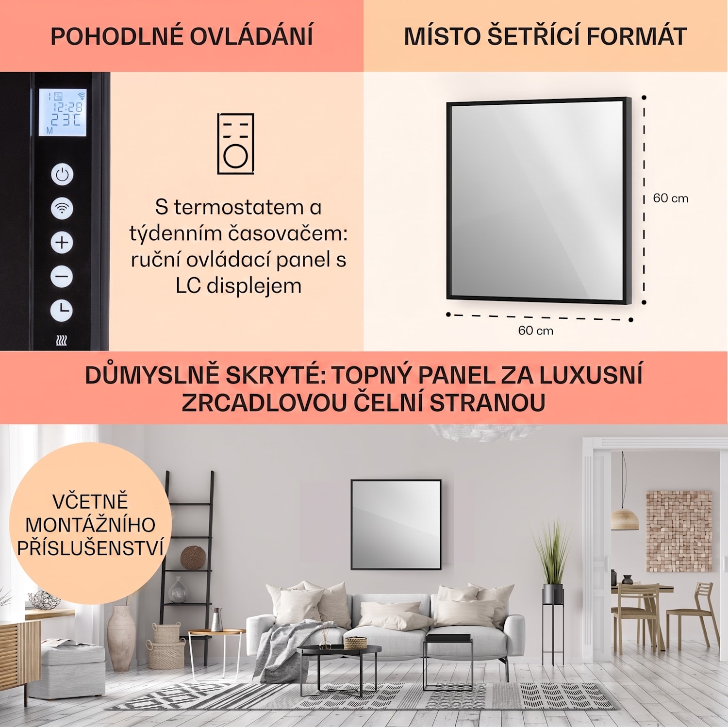 La Palma 500, infračervený ohřívač 2 v 1, smart, 60 x 60 cm, 500 W, zrcadlová přední strana 60 x 60 cm | 500 W | Černá