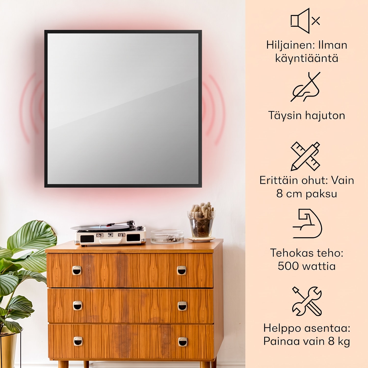 La Palma 500 smart 2 in 1 -lämmitin infrapuna konvektori 60x60cm 500W peilaava etupuoli 60 x 60 cm | 500 W | Musta