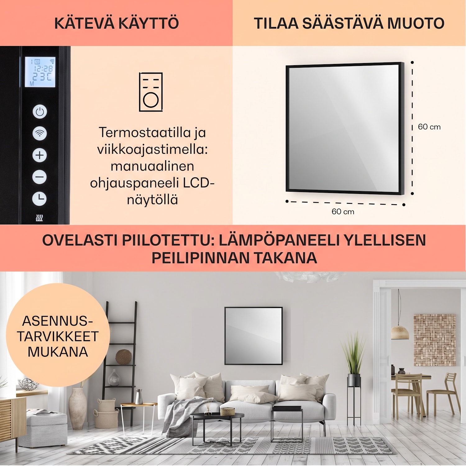 La Palma 500 smart 2 in 1 -lämmitin infrapuna konvektori 60x60cm 500W peilaava etupuoli 60 x 60 cm | 500 W | Musta
