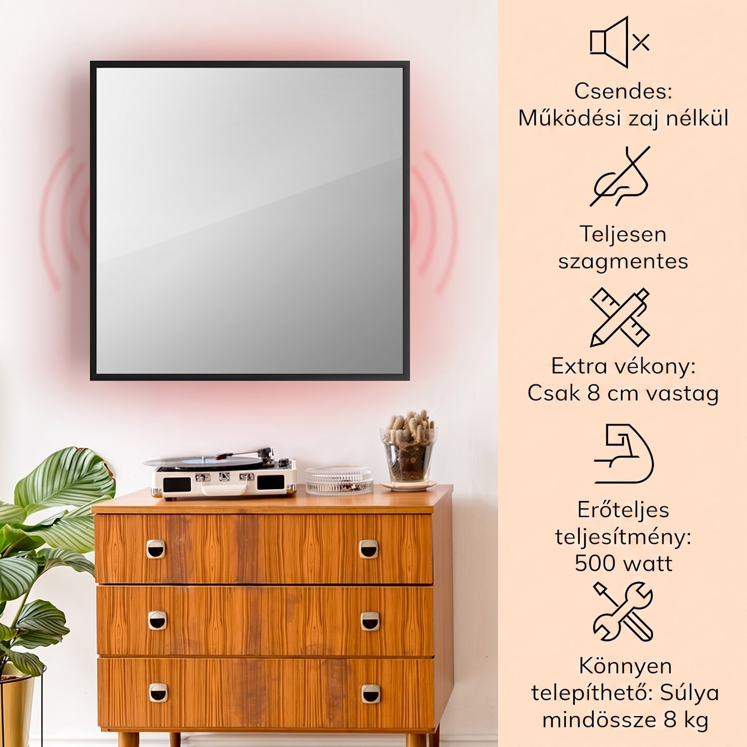 La Palma 500 smart, infravörös hősugárzó 2 az 1-ben, 60 x 60 cm, 500 W, tükör elülső rész 60 x 60 cm | 500 W | Fekete
