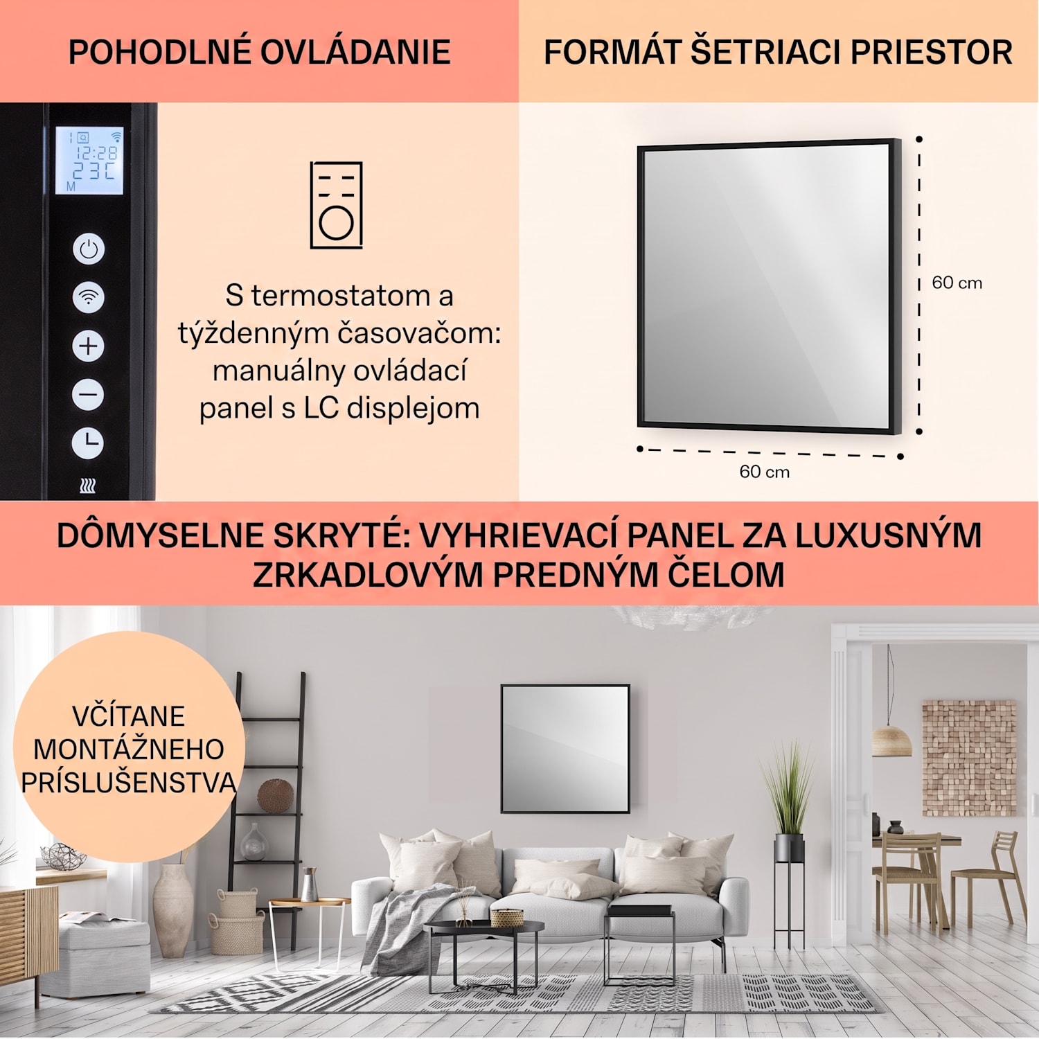 La Palma 500 smart, infračervený ohrievač 2 v 1, 60 x 60 cm, 500 W, zrkadlová predná časť 60 x 60 cm | 500 W | Čierna